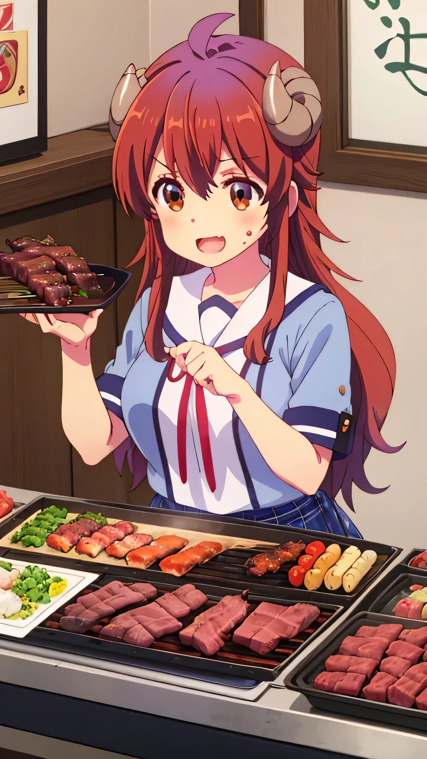 {{{masterpiece}}}, (best quality:1.5), (ultra-detailed:1.5), {illustration}, {{an extremely delicate and beautiful}}, (beautiful detailed eyes:1.6), absurdres, highres, extremely detailed face, 16k, hd, visual anime de uma jovem mulher, extremamente bonito rosto de anime, anime melhor garota, (perfect hands, perfect anatomy), (five fingers:1.1), anime face, yoshida yuuko(Machikado Mazoku), yuuko yoshida, shamiko, 1girl, solo, cute face, ager, long hair, hair between eyes, bangs, brown hair, ahoge, sidelocks, horns, (brown eyes:1.3), demon tail, large breasts, big hips, curvaceous, BREAK, {school uniform}, blue shirt, shirt tuck out, short sleeves, blue sleeves, white sailor collar, red ribbon tie, short skirt, (plaid skirt:1.2), blue skirt, (black pantyhose:1.2), brown loafers, BREAK, cute face, open mouth, smiling, sit, Japanese BBQ restaurant, single eating BBQ, grilled BBQ on the net, galbi(traditional Japanese BBQ dish), beef intestines(beef offal), heart(traditional Japanese BBQ dish), Japanese -style BBQ, sizzling, smoky aroma, delicious marinated meat, vivid colors, traditional atmosphere, warm lighting