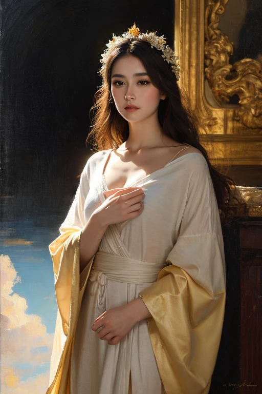 High quality, masterpiece, masterpiece, exquisite facial features, exquisite hair, exquisite eyes, exquisite color hair, 4K picture quality, gorgeous light and shadow, Tyndall effect, halo, messy hair, young state, gorgeous scene, exquisite clothes, chains, feathers, ancient chinese beauty with big eyes very detailed, digital painting, artstation, concept art, sharp focus, illustration, art by greg rutkowski and alphonse mucha and victo ngai