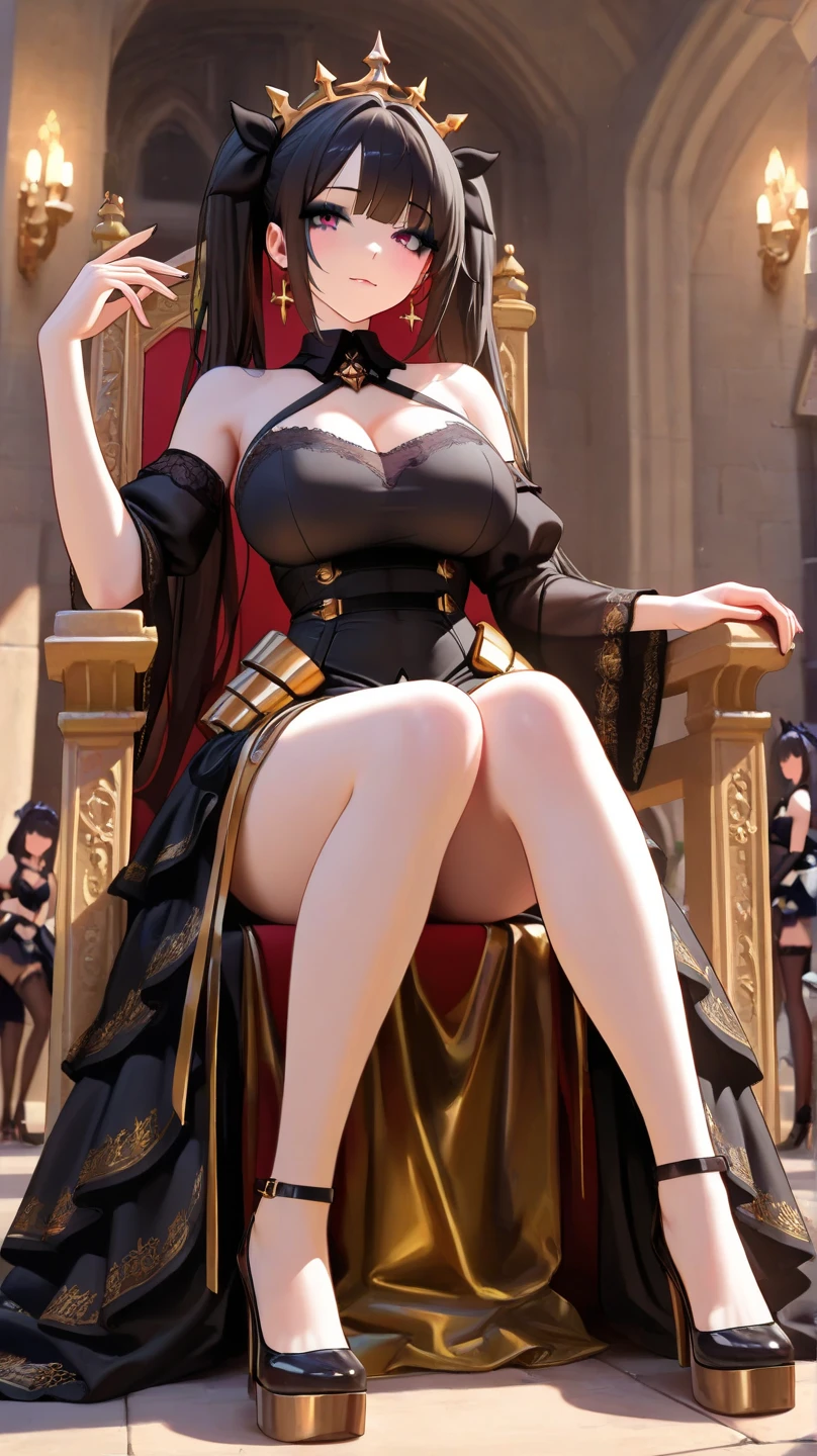 A haughty woman sits in an upholstered armchair, her posture exuding an air of unquestionable superiority. Her upright, rigid posture testifies to her self-assurance and natural arrogance. Her elegant, refined clothes accentuate her imposing appearance. Her scornful gaze, like that of a disdainful queen, expresses icy indifference. Her eyes convey a clear message: she knows she reigns at the top of the social hierarchy and demands recognition of her greatness. In the low-angle foreground, her bare foot and five cute toes are displayed for all to see. The woman's outstretched leg highlights her foot, exposed as an object of supreme desire. Foot fetishism takes on an almost sacred dimension in her presence. The foot, displayed with admiration mixed with desire and devotion, becomes a symbol of power and domination. Under the woman's haughty gaze, this staging accentuates the effect of worship, where the female foot is venerated and adored. In this haughty posture, she embodies the very essence of power and domination, reigning as uncontested mistress over her realm of desires and fantasies. Offering her foot as an object of veneration and submission, she imposes her superiority. Thanks to the low-angle effect, the view of the woman's feet further accentuates her imposing dominance and dismissive attitude. This intensifies the contrast between her perceived grandeur and those who regard her with respect and fascination, reinforcing her role as the central figure in this theme of fetishism and worship.