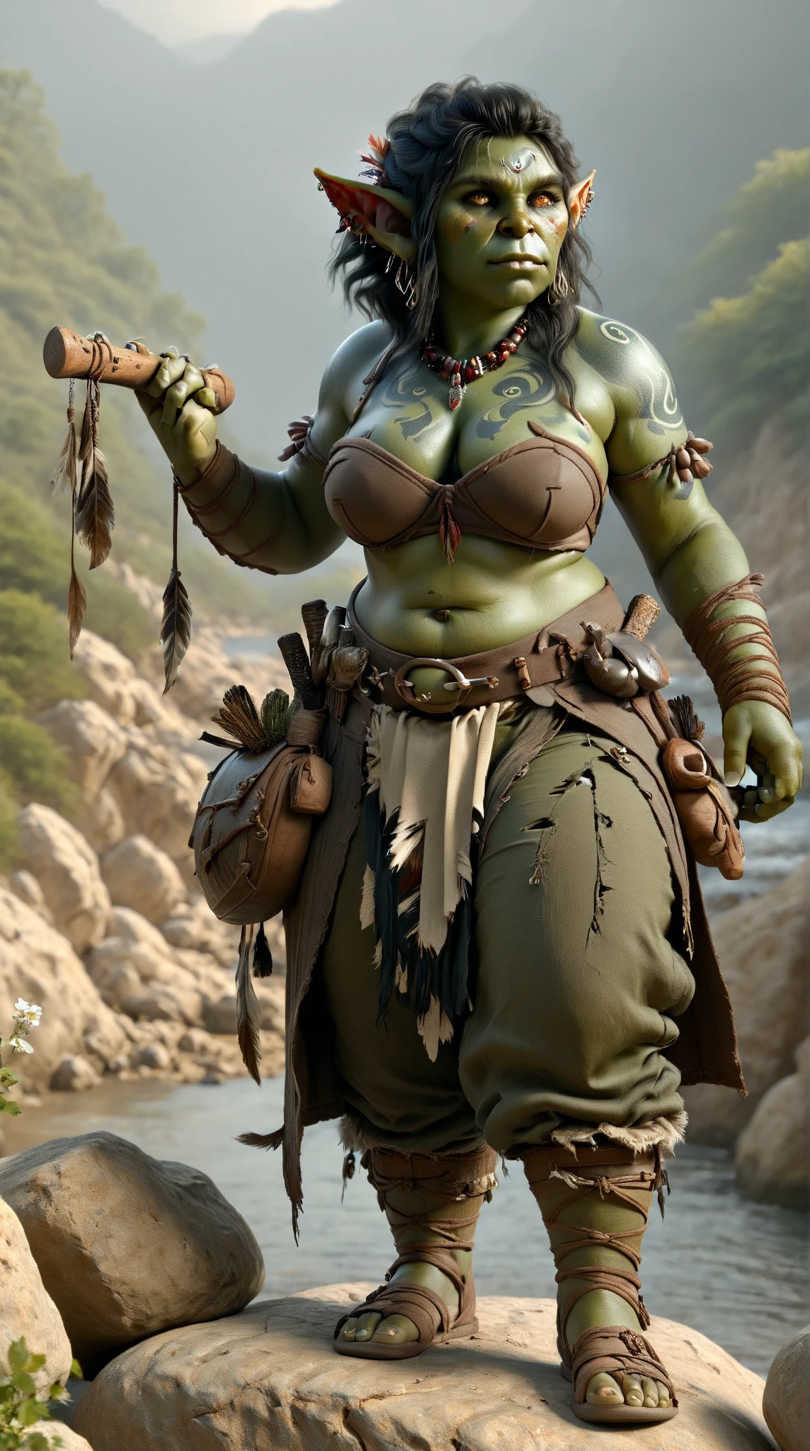 Young orc woman, female orc, chubby, fearsome, overweight, dirty hair, ((green skin)), skin imperfections, skin dentation, detailed eyes, big saggy breasts, wide hips, (sharp Focus), ultra high quality, voluptuous, crazy details, tribal tattoos, (wearing dirty linen dress), dirty clothes and skin, deep cleavage, 8k uhd wallpaper, masterpiece, crazy details, ultra high quality, cartoon artwork, digital art, interesting shooting angle, wowrcs, forest background 