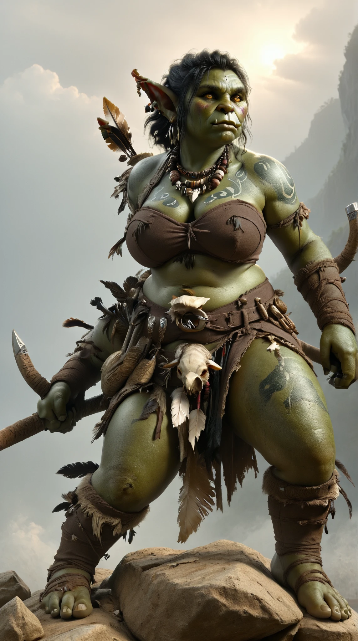 Young orc woman, female orc, chubby, fearsome, (walking through the forest), overweight, dirty hair, ((green skin)), skin imperfections, skin dentation, detailed eyes, big saggy breasts, wide hips, round belly, sharp Focus, ultra high quality, crazy details, intricate pose, (wearing dirty leather and fur clothes), tribal tattoos, ((wearing dirty fur coat)), dirty clothes and skin, cleavage, 8k uhd wallpaper, masterpiece, photography, hyperrealistic, interesting shooting angle, shewoworc, naz_grandmight