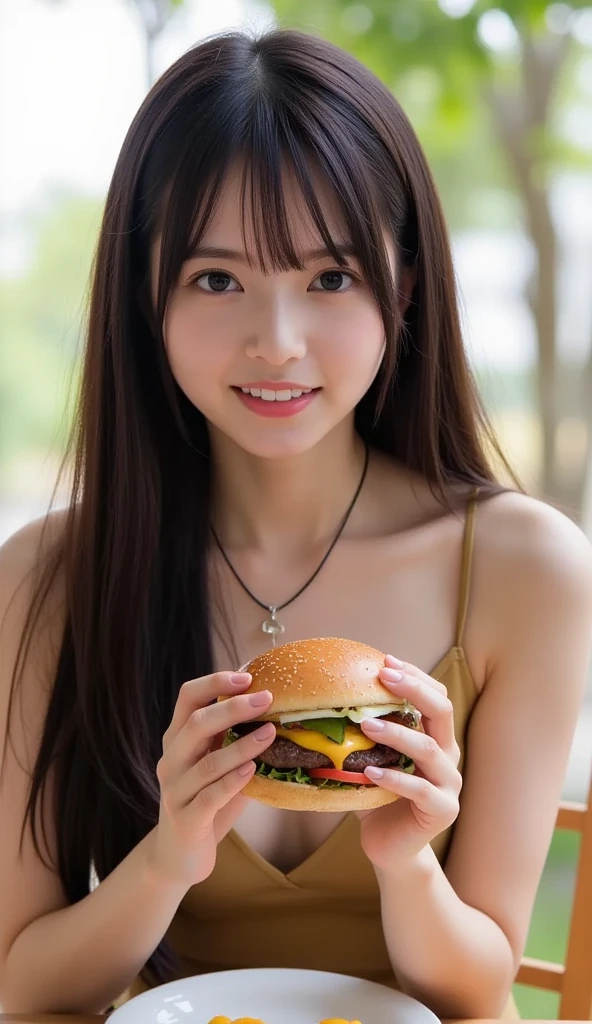 8K、Top image quality、​masterpiece、夏天、20yr old、(1 adult female)、Off-the-shoulder dresses、Eating moments、by the window、ocean view、Eat a burger in a café、Eat with your mouth wide open、Looks deliciously cheeky、(Expressions that you can enjoy to the fullest)、Cinematic lighting、