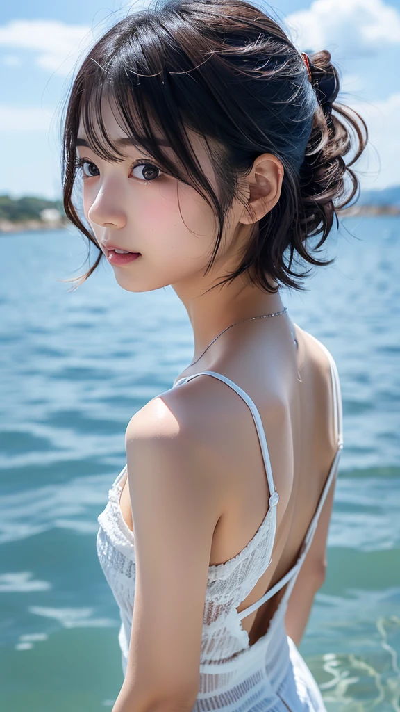 8k, masterpiece, RAW Photos, highest quality, Realistic, Highly detailed CG Unity 8k wallpaper, Written boundary depth, Cinematic Light, Lens flare, Ray Tracing, (Very beautiful face, Beautiful Lips, Beautiful Eyes), (dense beautiful skin) , One Girl, Very cute 12 year old Japanese girl, 1 girl, Always wears glasses, (Very slim figure:1.3), Young body, Young face, Small breasts, Small breasts, とてもSmall breasts, Extremely flat chest, 50cmAAA cup breasts, Small Ass, Beautiful black long hair,White micro bikini bra, White Ultra-thin T-back, Shooting from behind, Shoot at the best angle, The beautiful beach of Iriomote Island in the background