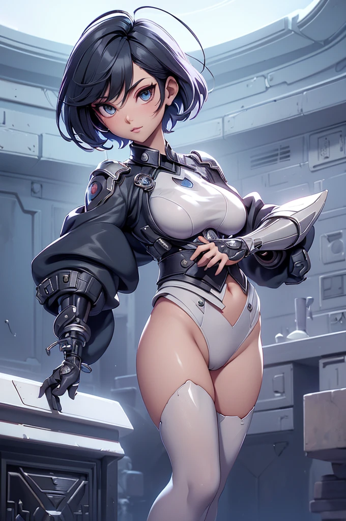 (((devilish smile))), (((lilac suit))), (((white hair bob haircut))), (((metallic arms))), (((muscles))), (((Colossus))), (((X-man))), (((melhor qualidade: 1.4))), (((full metal))), (((DuneWalker))), (((post-apocalypse))), (Unbeatable masterpiece), (hiper HD),(CG 8k hiper-realista), 1Garota armada em um mundo futurista usando roupas coloridas e modernas. Corte de cabelo ultra moderno, perfect body with robotic parts, seios grandes, bunda perfeita, muscles without exaggeration, rosto lindo com olhos azuis penetrantes, add textures to clothes and create something different from the usual, add accessories like garter belt, espartilho e luvas com listras, pele bronzeada e com brilho de molhado, industrial environment with giant heavy machines, Intricate machinery and giant robot parts