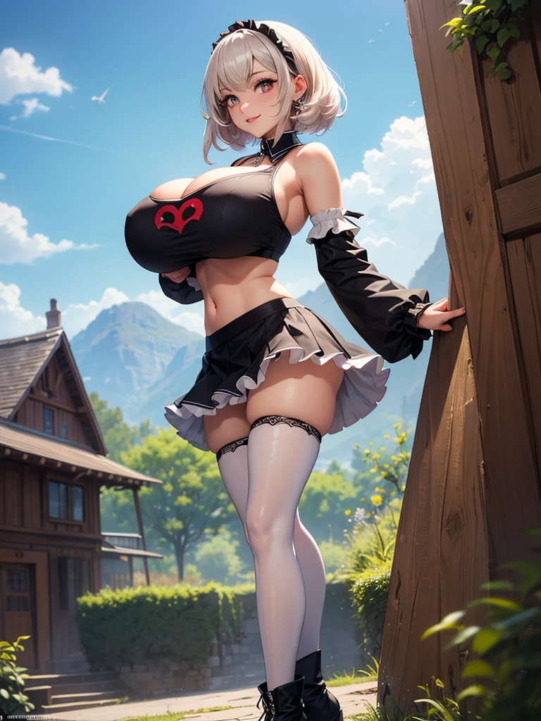 realisticlying， Hyper-detailing， Girls Only， （Layered Bob：1.3）， 动态照明， （（sexyposture））， （Glow skin： 1.5）， tmasterpiece， top-quality， absurderes， watch audience， （Blonde and pink hair）， Deep purple Clear starry sky eyes，（（big breasts beautiful，A detailed eye，gem-like eyes，Colorful eyes，sparkle eyes：1.3））， slenderness， A high resolution， tack sharp focus， depth of fields， detailedeyes， sharp sharp eyes， （photorealistic eye）），huge tit， exteriors， sunrise sky， （A riverside lace dress with a glamorous and sophisticated design，（White complex pattern top and skirt）：1.3））