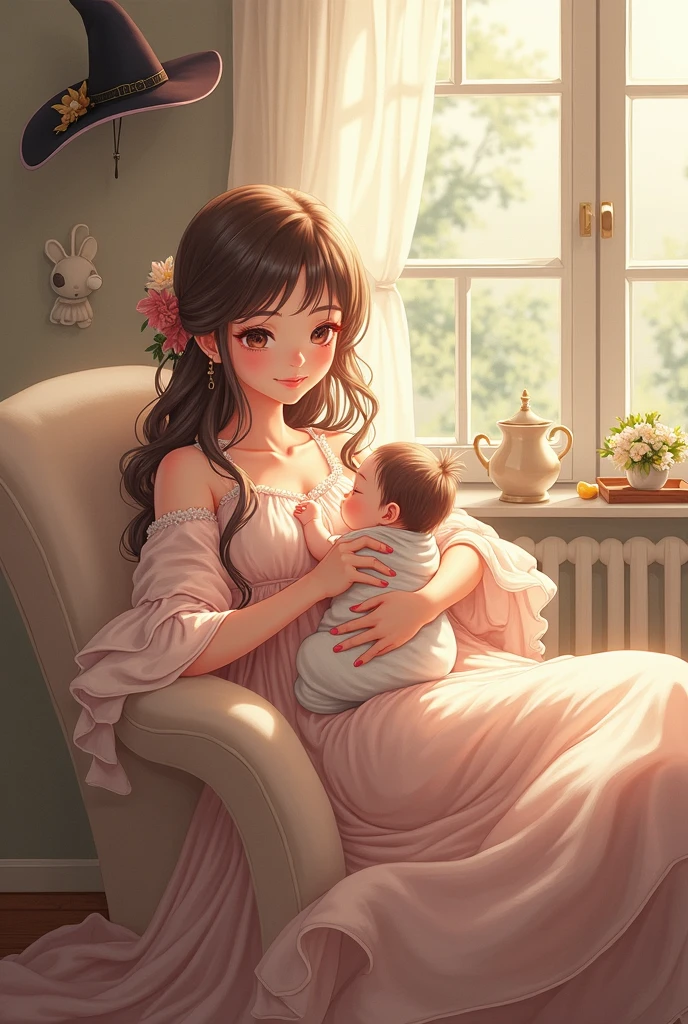 there is a woman that is holding a baby in her lap, A beautiful artistic illustration, maternal photography 4 k, Beautiful digital illustration, Digital Illustration -, cute numbers, Beautiful digital illustrations, Serenity illustration, Mother, Cartoon style illustration, Beautiful illustration, Stunning digital illustrations, maternal, Motherly, Beautiful digital artwork, cute numbers艺术, fantasy illustration, More detailed illustrations
