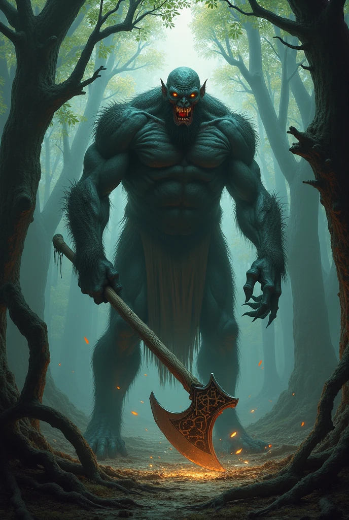 Long legs and tall dark horror body, creature with a longsword in a dusk forest, rpg, horror, dark fantasy