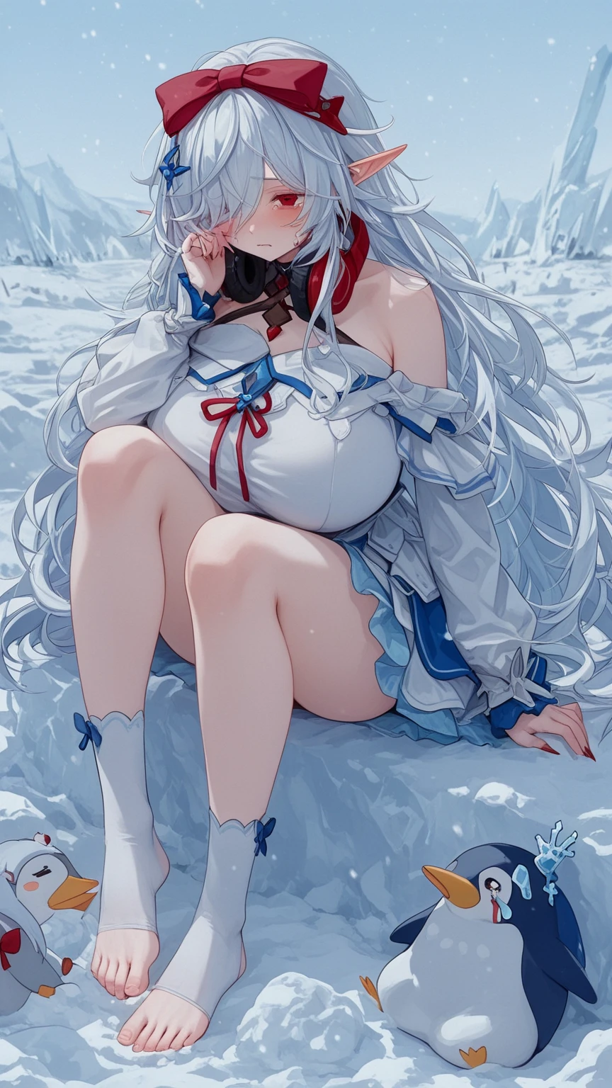(masterpiece, highest quality, ultra high res, ultra detailed:1.3), 1 snowman, blue hat, the hat shaped like two zigzag horns, blue boots, open mouth like half moon, 2 fangs, snow ball body, snow ball face,