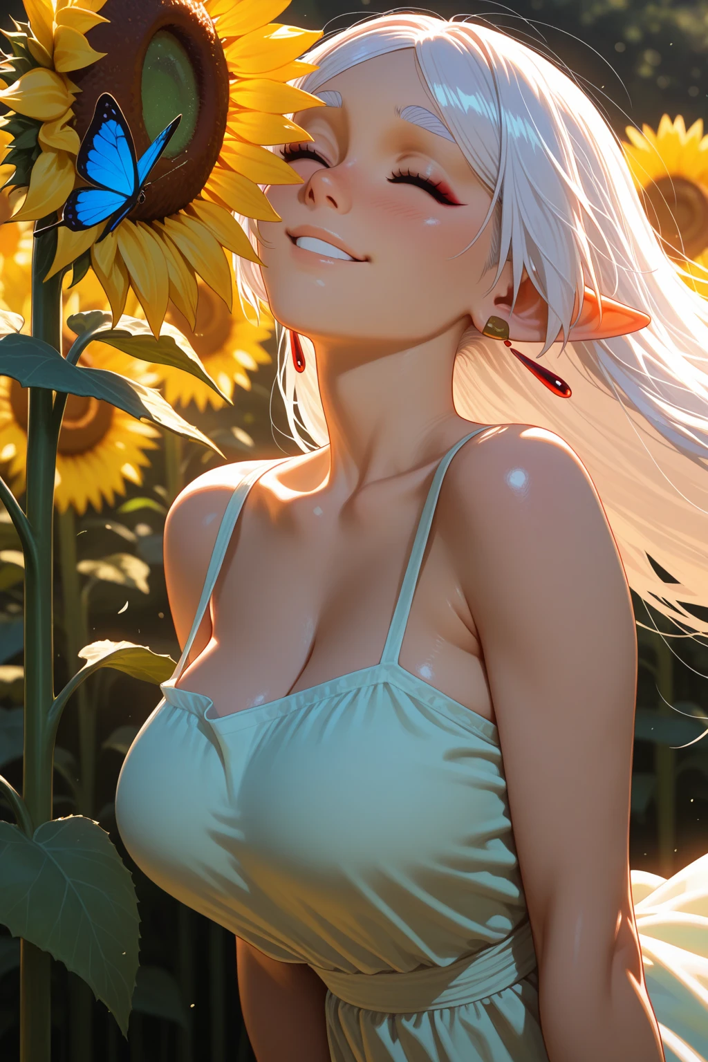 8K wallpapers combining high resolution CG、High quality 8K CG wallpaper masterpiece、highest quality、High resolution、Very detailed、Ultra Sharp、Cinema Lighting、Anatomically correct、One Girl 、(Cute Face、Detailed face、Young face)、(Platinum Blonde Hair、Short Ponytail:1.4)、Red cheeks、(Flat Chest:1.4)、(Thin body:1.3)、Slender body、(smile:1.5)、(completely naked)、The girl is 9 years old、happiness、(full body close-up:1.5)、Light of the sun、(summer、Sunflower field)、