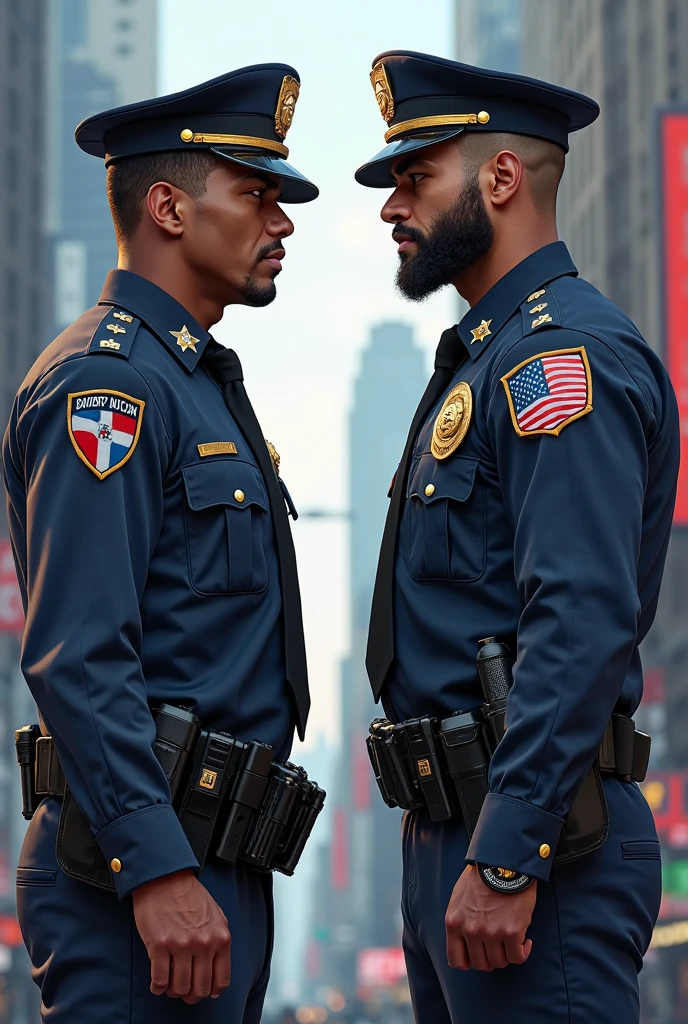 Two policemen in navy blue uniforms, one dark-skinned and the other pale, on an avenue with serious sunglasses.