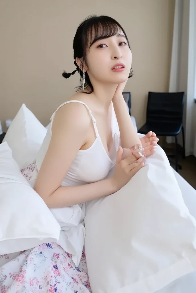 masterpiece,(wearing white hijab:1.3), long sleeves, [:(detailed face:1.2):0.2], shiny eyes, looking at viewer, thick eyebrows, pink lips, eye shadow, close mouth, dslr, soft lighting, high quality, film grain, Fujifilm XT3 8k uhd, bokeh, virgin destroyer sweater, 1girl, beds ,navel, closed mouth, steam hot, underboob, highleg p body naked