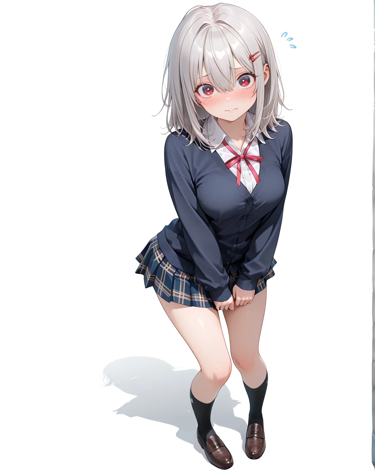 low angle shot, cowboy shot, from the front、(((((skirt lift))))), (((Showing panties))), anniversary, 1 Girl、Beautiful silver hair、((((Very short hair))))、Blue eyes、(hair band)、((Blunt bangs)), small breasts、underboob, 22 years old, (tsurime), Tight waist、happy smile、Natural lighting、Very cute face, Cute pose、Monte Carlo Street Circuit, paying meticulous attention to detail, Lace-up boots, Short sleeve, Cropped tops, Knee-length, Exposing shoulders, Knee-lengthグリッターナイロンプリーツスカート, Promotional wear with logo, Red and white glitter promotional wear、Shallow depth of field