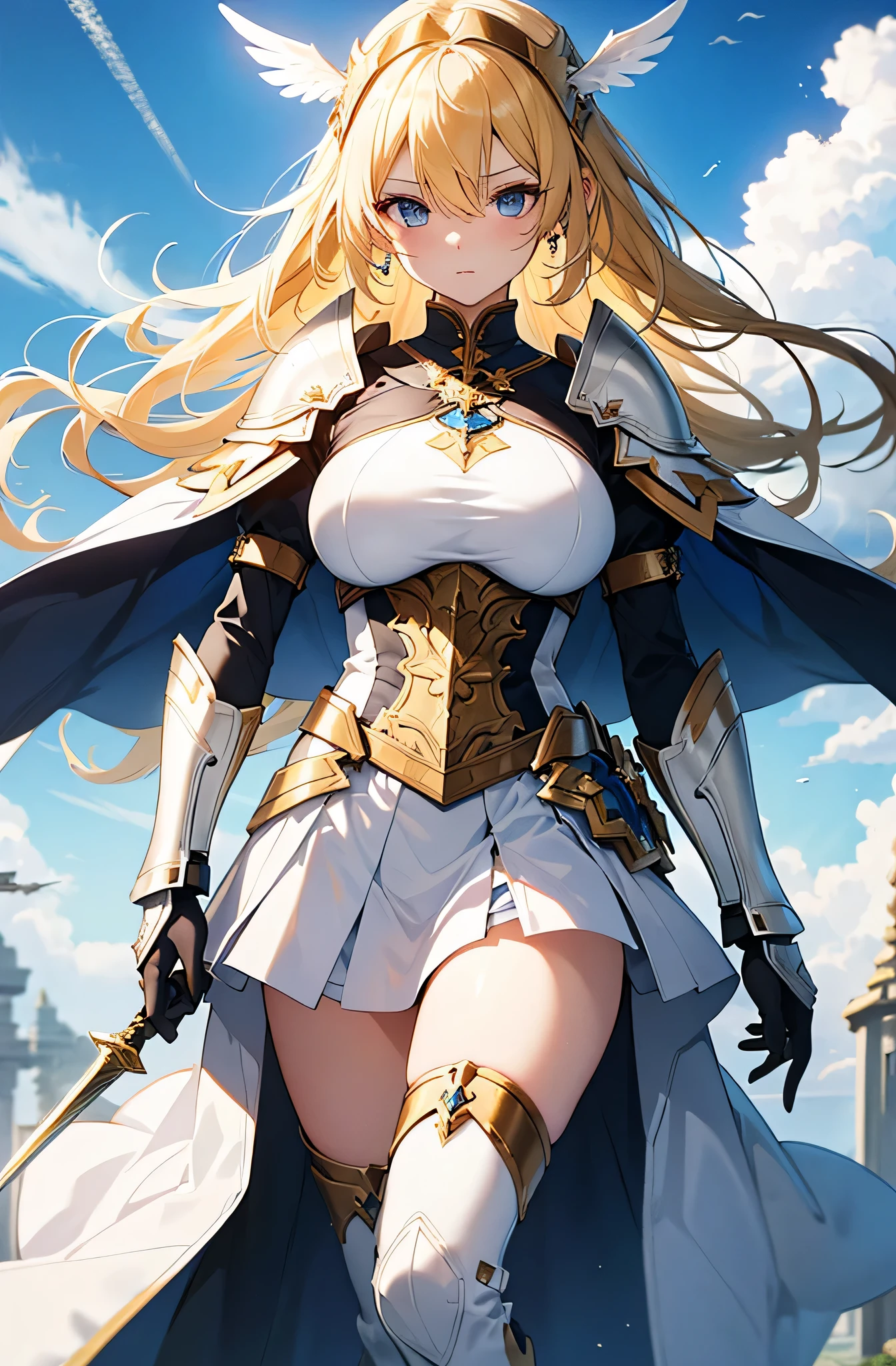 best quality,masterpiece,1girl,mature female,upper body,anime,knight,fashi-girl,large breasts,cleavage,blond hair,perfect face,perfect eyes,white armor,fantasy background,depth of field,flag in background,looking at viewer,motion blur,dynamic angle,
