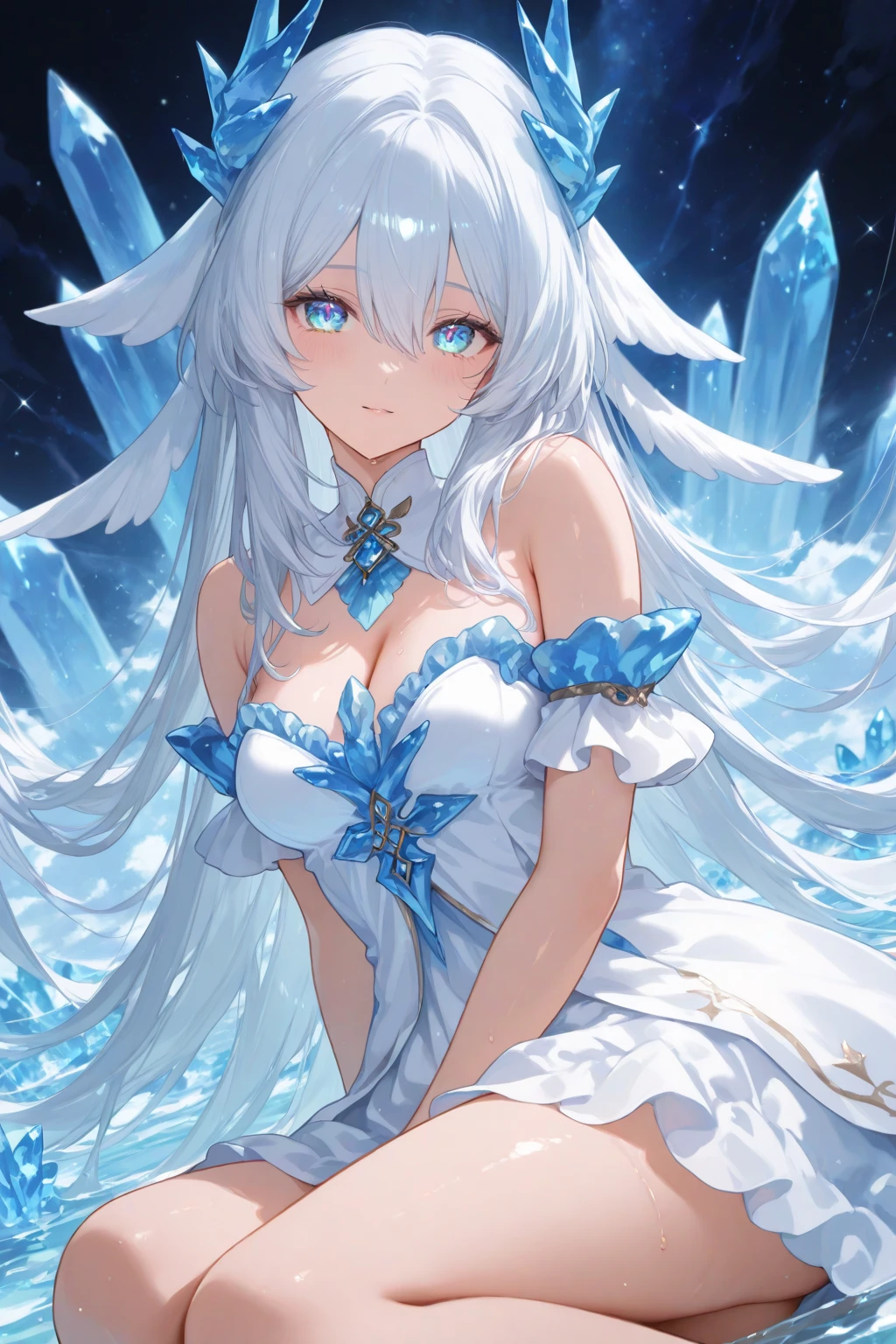 Alexia Endfield is a striking figure in her elegant, white gown designed for both beauty and functionality. The gown features intricate lace detailing and a flowing, tiered skirt that allows for fluid movement during combat. Adorning her head is a delicate silver tiara with small, sparkling gems, adding a touch of regality to her appearance. She wears a sleek, silver ring and a pendant that enhance her ice magic capabilities. Her white, form-fitting combat boots are both stylish and practical, providing support and agility. A long, white cloak with ornate embroidery completes her look, while her shimmering blue Frostbite Blade, which she wields with precision, highlights her mastery of ice magic. Her serene face, framed by long silver hair tied neatly, reflects both her dedication and her gentle, loyal nature.