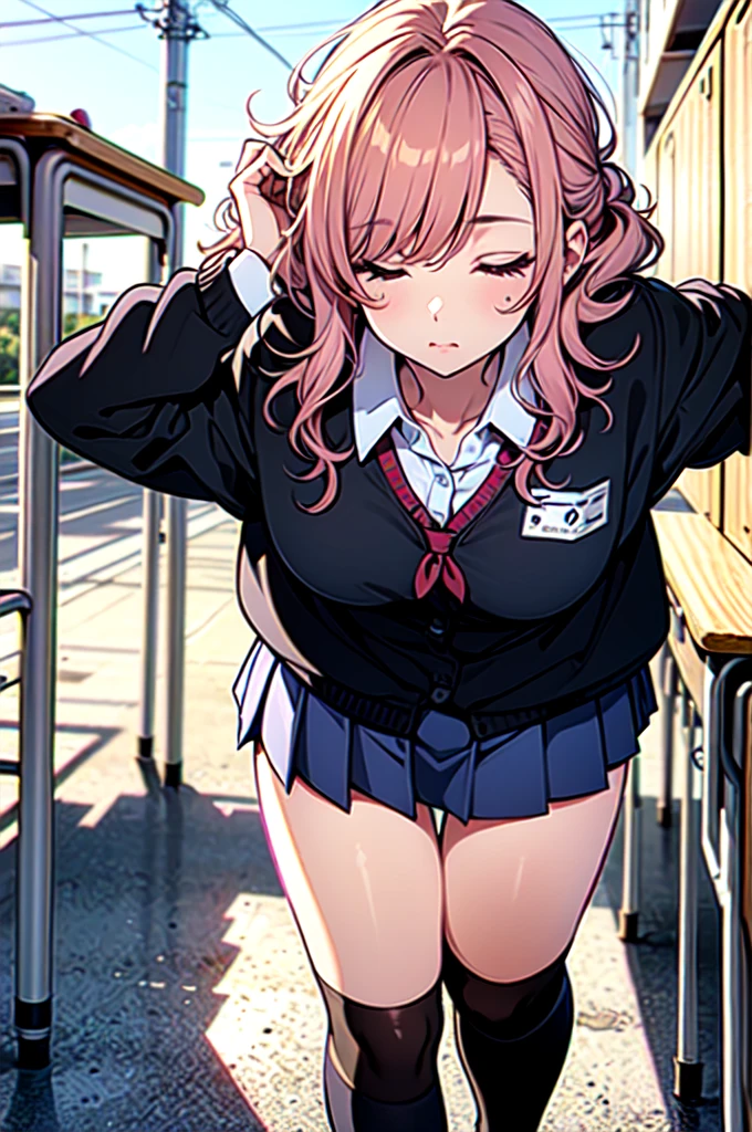 ((masutepiece, Best Quality)),Best aesthetic,1girl in, School uniform, desk work, Sitting, School Desk, Brown hair, crass room, Long hair, Indoors, Chair, Looking at Viewer, :P, Solo Focus, Brown eyes, Skirt, Long sleeves, Pencil, 1 boy, pencil case, paper, black serafuku, Multiple girls, Pleated skirt, Sailor collar, Bangs, head rest, School bag, school chair,huge-breasted、bbw、thick thight、big butts