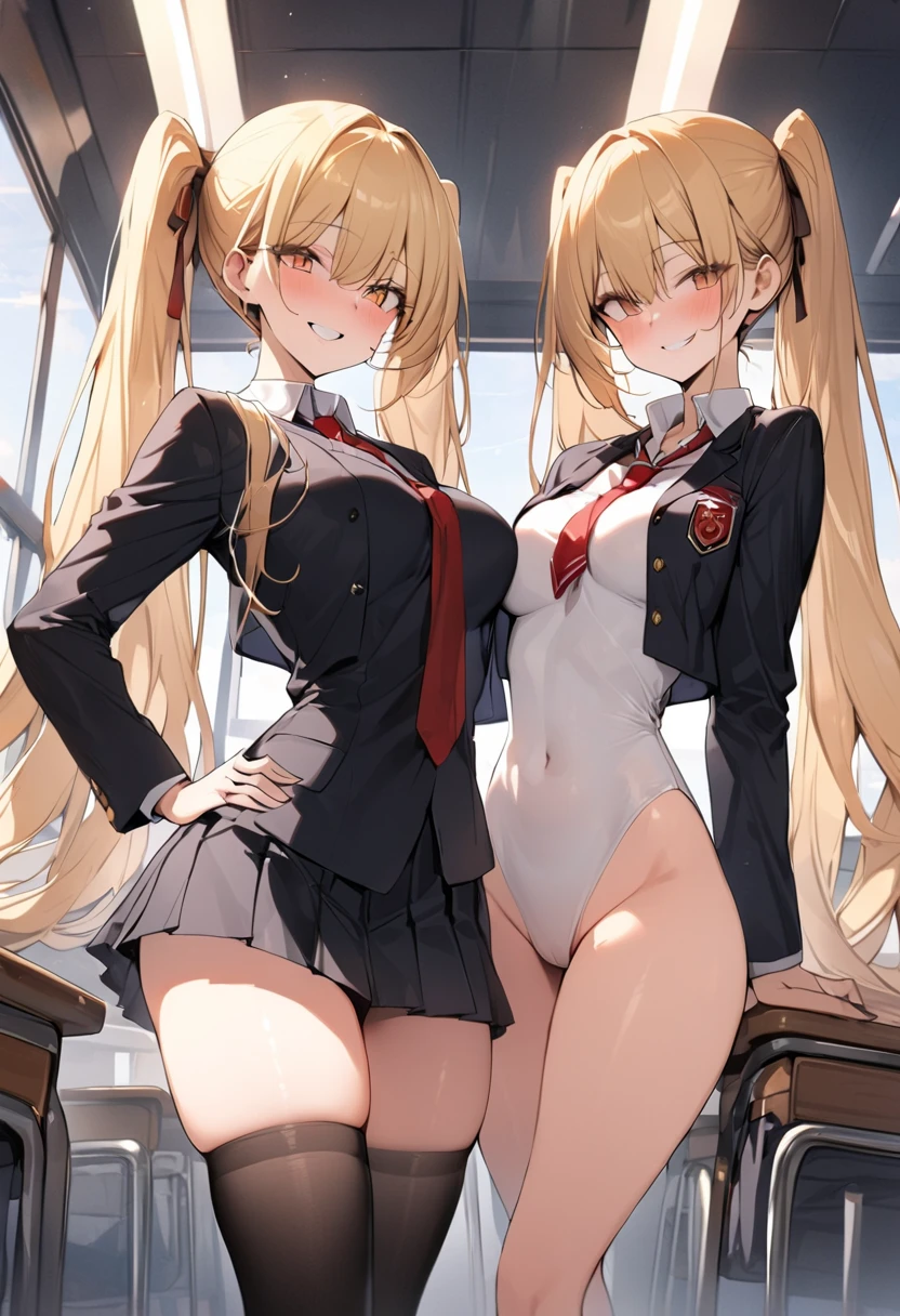 ((2 girls))、(smile:1.5)、Small breasts、(Cowboy Shot)、(fun!!)、(cardigan)、(Blonde)、(blush:1.4)、Elf Ears、(single braid)、(Eye highlights:1.3)、blake black shoes,(黒いskirt)、bow, button, shirt with collar, Long sleeve, ((red bow tie, , Black jacket, Open jacket, 茶色のcardigan, white shirt, 黒のskirt, チェック柄のskirt、white socks)),, shirt,, skirt, socks, Thighs, white shirt, Rest indoors, ((classroom:1.5))、 BREAK while watching the audience、(skirtを掴む:1.0)、 (Perfect hands, Perfect Anatomy),Cowboy Shot、(skirt lift:1.3),(Highly detailed white panties:1.3)、(highly detailed panties:1.3)、、(skirt that rolls up:1.3)、(Full-fledged panties:1.5)、Light blue eyes、