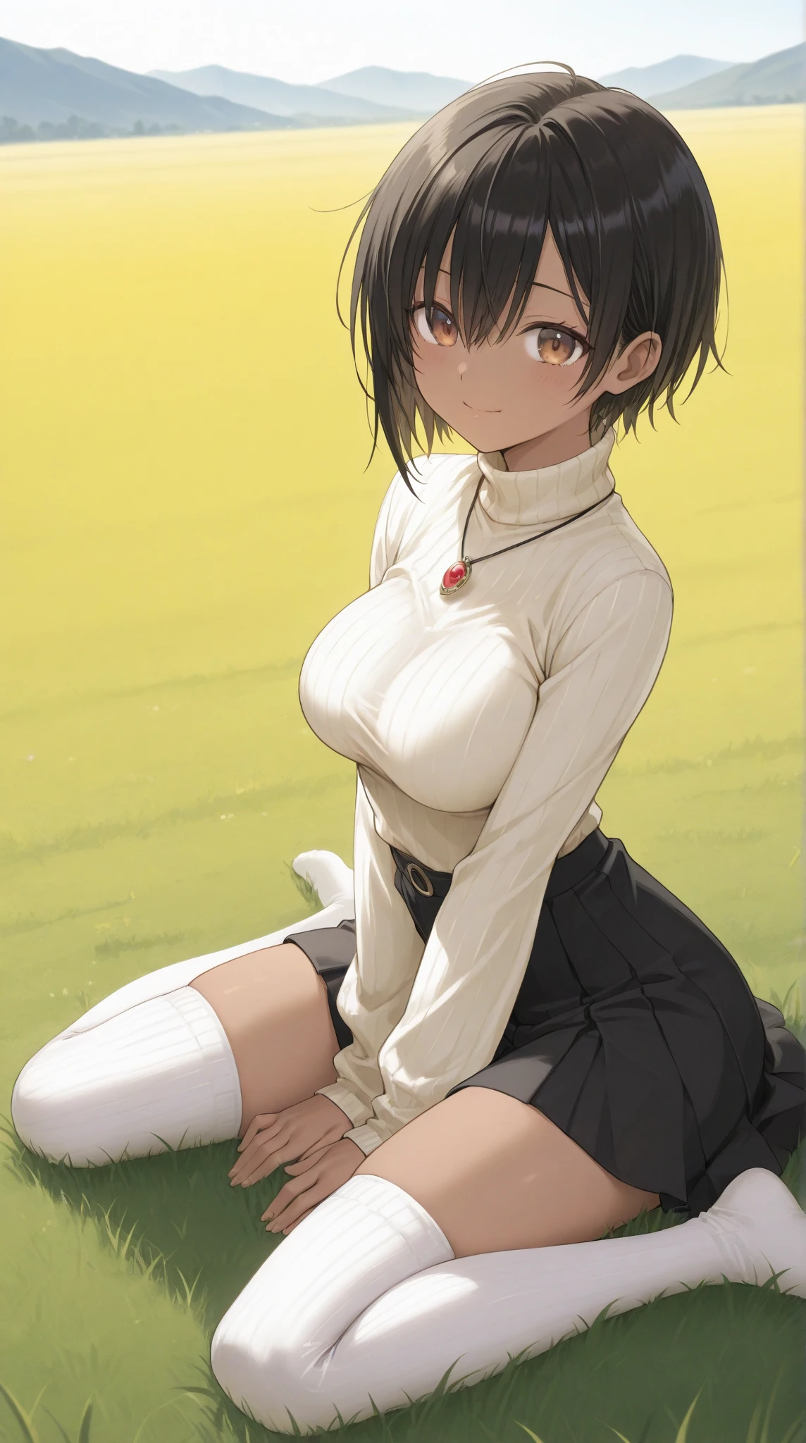 Black Hair　Beautiful breasts　hair band　Lady　Short Bob　White blouse　Black Mini Skirt　White panties　grassland