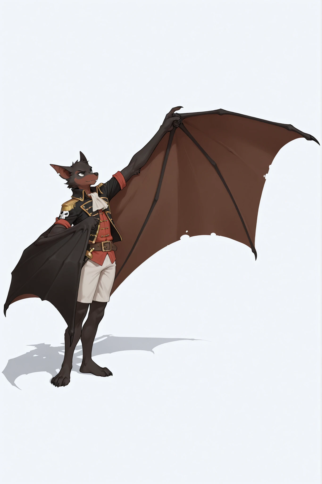 anthro bat, wearing a black and white pirate clothes, masterpiece, high quality, great Patagium arms wings, male, long snout, dark fur, grey eyes 