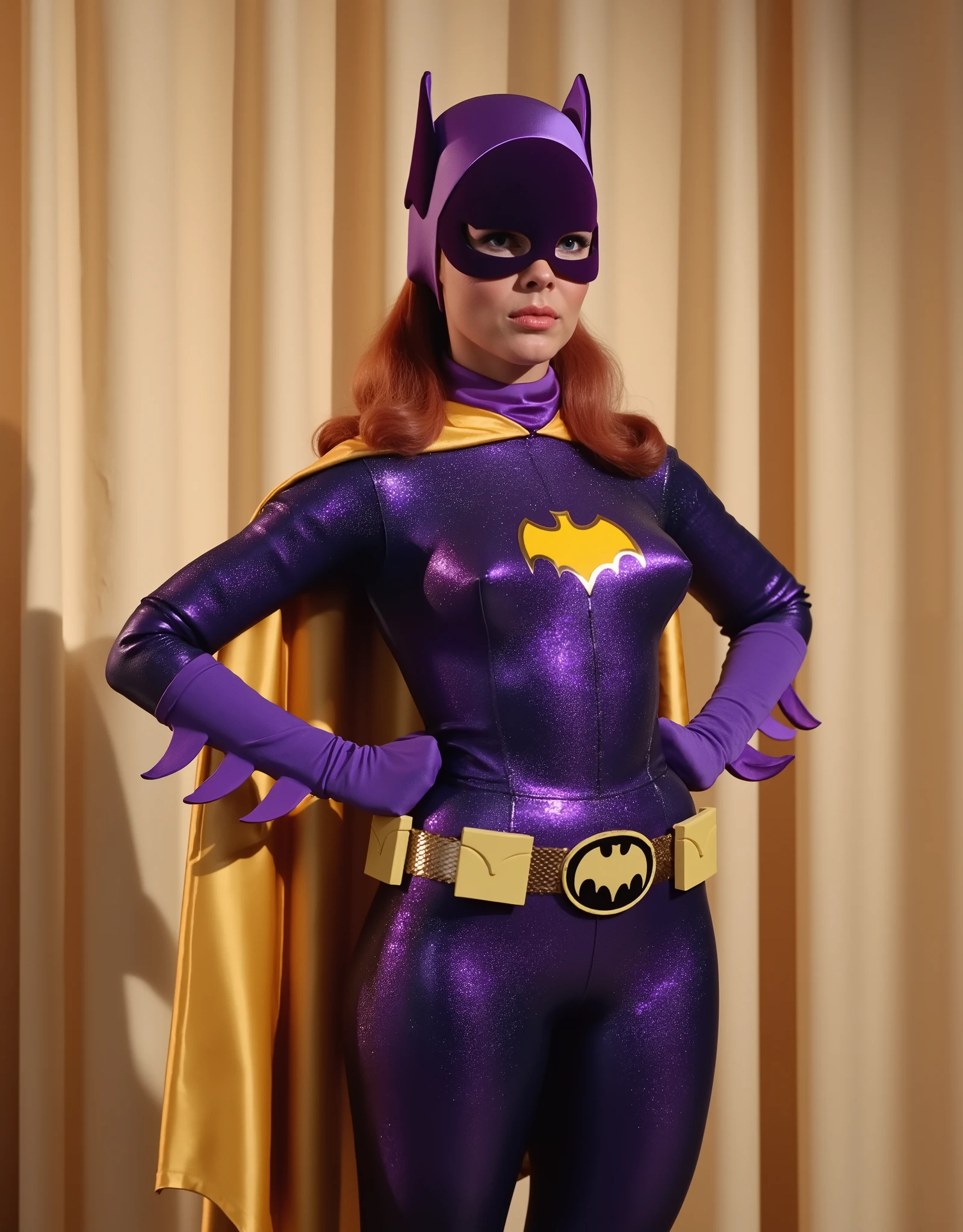 Yvonne Craig as Batgirl, wearing purple Batgirl suit, mask, cape. 20 years old, blue eyes, red hair, big breasts. High resolution, quality image. Beautiful, sexy, busty, happy facial expression. She is standing in a photo studio, beige background, Vogue magazine cover, hands on her hips, looking at the viewer, shadows, interior.