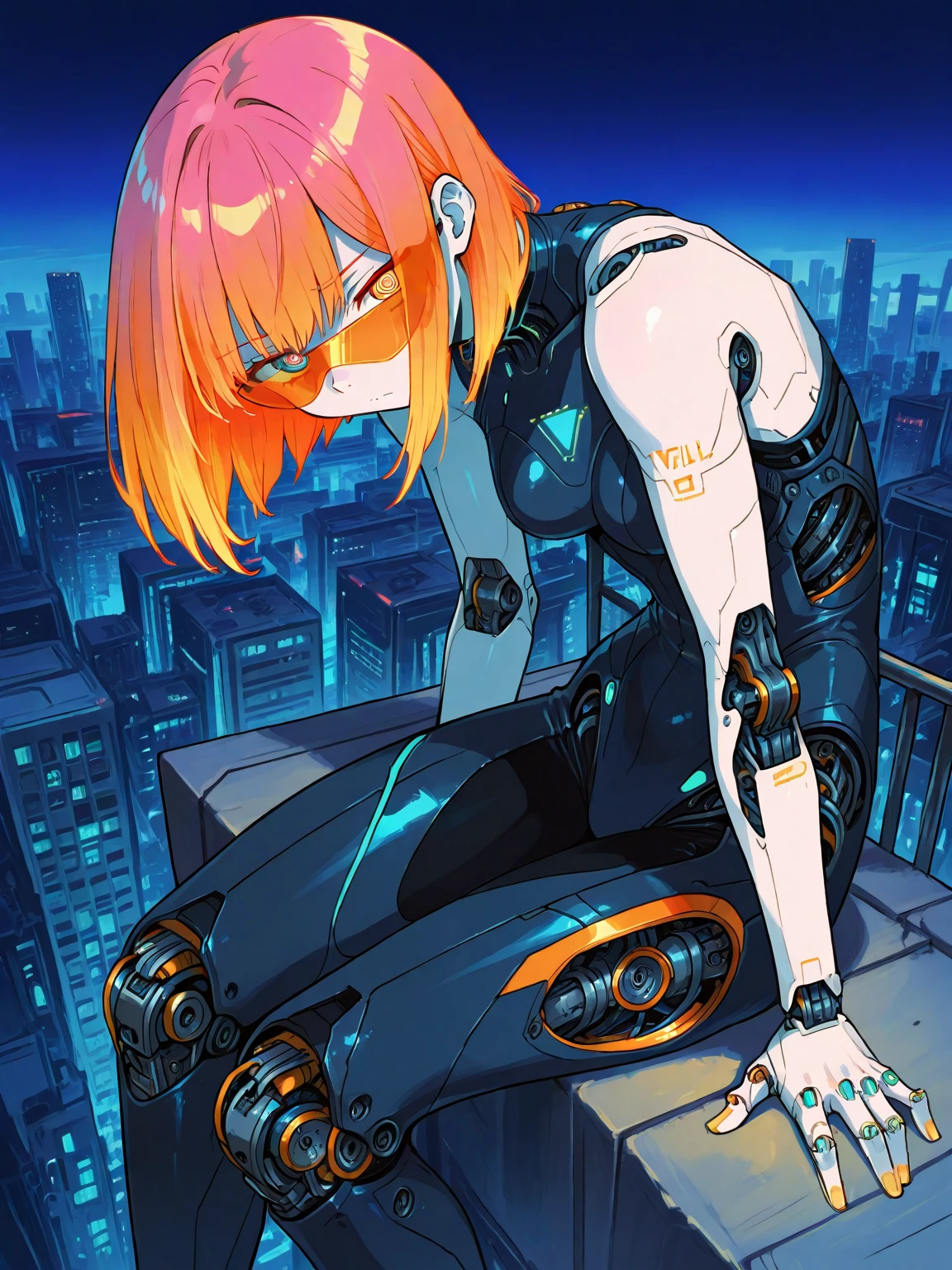 source_anime, robot skin, score_9, score_8, score_7, score_6, robot girl, android, rainbow hair, pixie cut, robot joints,  freckles, fair skin, skin tone, petite, breasts, android girl, joints, blushing, in a futuristic computer lab, surrounded by industrial equipment, standing at attention, wires, computers, cables, futuristic industrial equipment, cute, colorful skintight suit, attitude, 
masterpiece, 8k, highly detailed, dynamic, dynamic lighting, cinematic lighting, intricate,
SimplePositiveXLv2,   <lora:RobotSkin_Pony_v1.05:1>