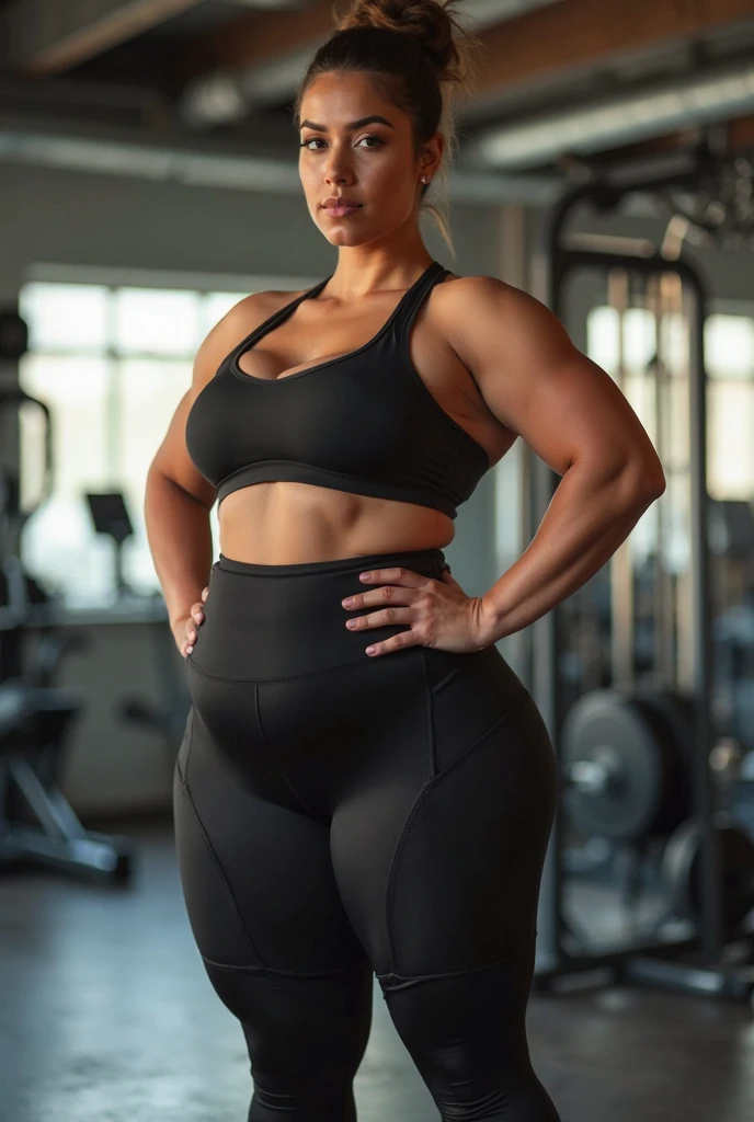 nsfw, highly detailed, realistic, hyperrealistic, full definition, high resolution, studio lighting, full body image, full body frame, zoomed out, full body frame, beautiful, sexy, hot, perfect, muscular, woman, wet hair, slim thicc and perfect body, accentuated curves, femininity, thick and juicy lips, dripping wet body, running shoes, tight, body hugging, tank top, yoga pants clevage, second skin, cool lighting, choker, ponytail hair, gym