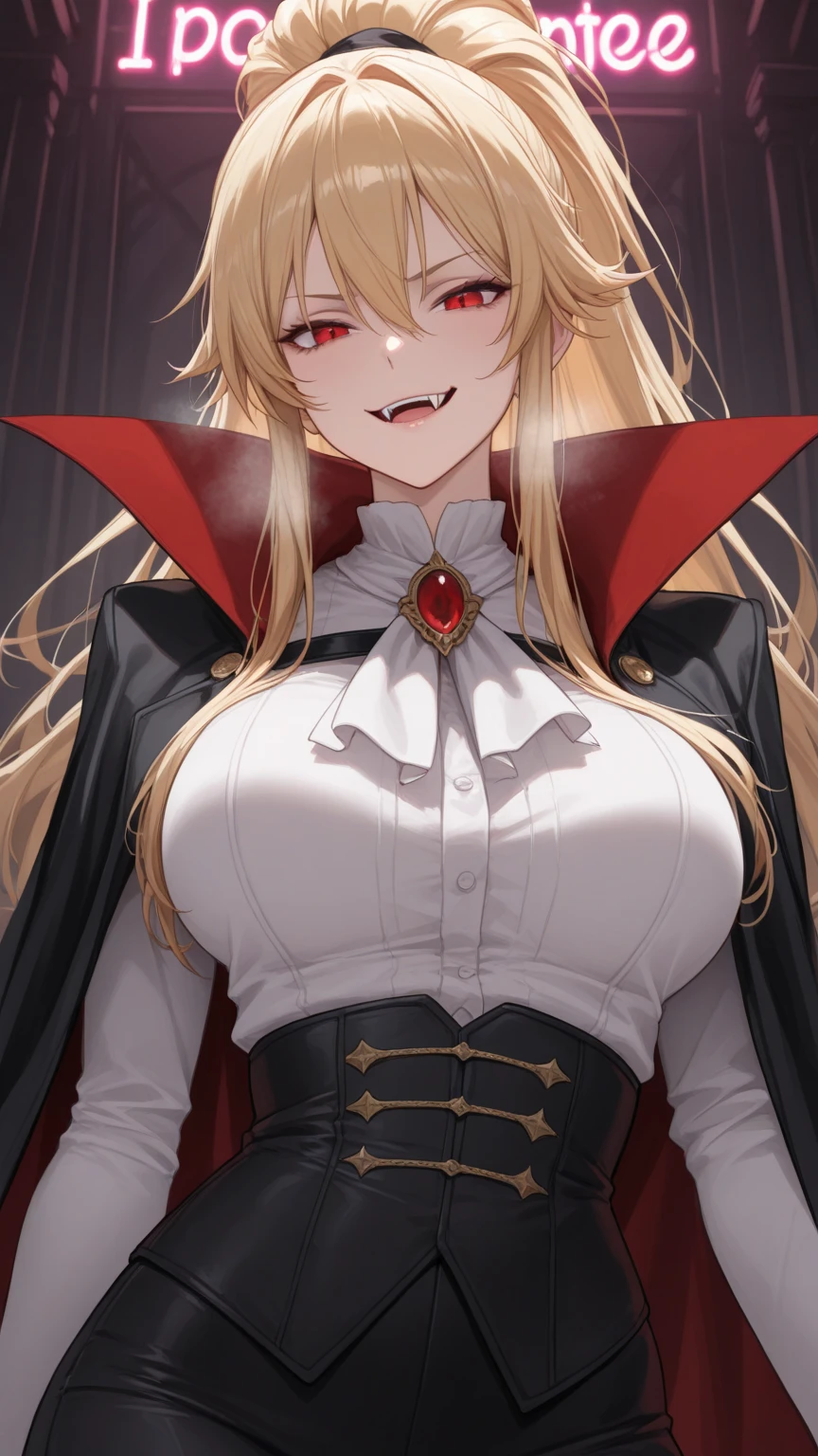 ((Highest quality)), ((masterpiece)), (detailed), （Perfect Face）、The woman is Yuuki Asuna, with medium-long brown hair and a gorgeous jeweled black dress with a vampire cloak draped over it.