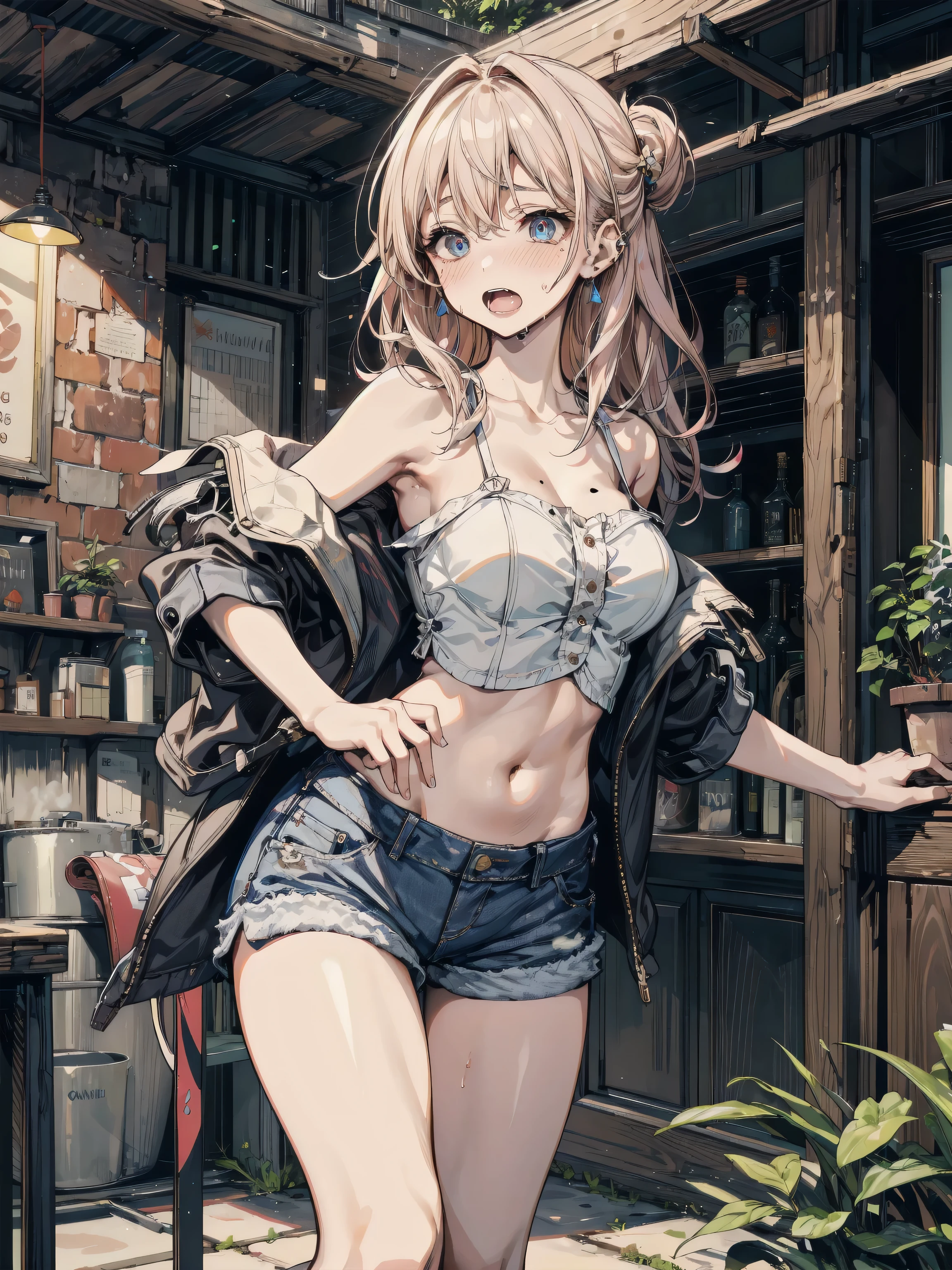 (masterpiece:1.2), (Military uniform magazine cover:1.4),best quality,PIXIV,Sweet girl , sexy posture,1girl, (perky chest:1.2), rolling upskirt by wind:1.6, (with sparkling eyes and a contagious smile),open mouth, (pointed chest:1.2),fishnets, black hair, boots, long hair, black nails, skirt, shirt, solo, black footwear, bag, black skirt, jewelry, jacket, on head, black jacket, thigh strap, bangs, necktie, earrings, nail polish, multicolored hair, looking at viewer, full body, bottle, own hands together, belt, jacket on shoulders, food, cats on head, black necktie, ring, choker, english text, collared shirt, blue eyes, platform boots, hat, lace-up boots ,masterpiece、highest quality、Very detailed、An illustration、Beautiful fine details、One Girl、cute、Detailed landscape、Training Room Background:1.4、Platinum Blonde Hair、Braided Ponytail、Red camisole、((D cup breasts, Tank top showing underboob:1.3))