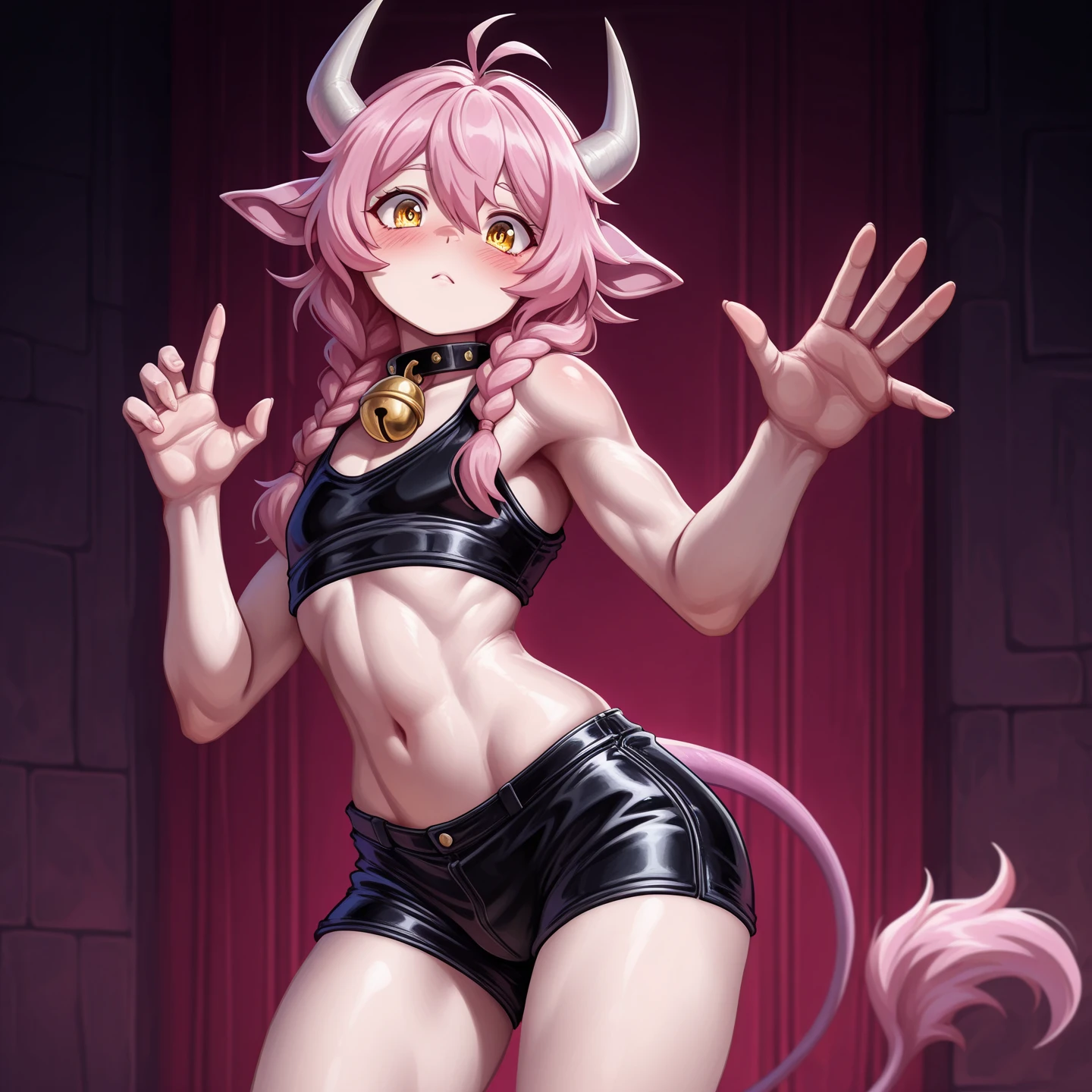 ((by Buta99, detailed anatomy, detailed eyes, detailed body, detailed face, best quality, high resolution)), Male, solo, young body, solo, Cat, white furs, blue and green heterochromia eyes, pink hair bangs, tail, skinny body, big smile, Dancing on pole dance, fishnet crop top, black thong, big bulge sheath, fishnet legwear, on the night club