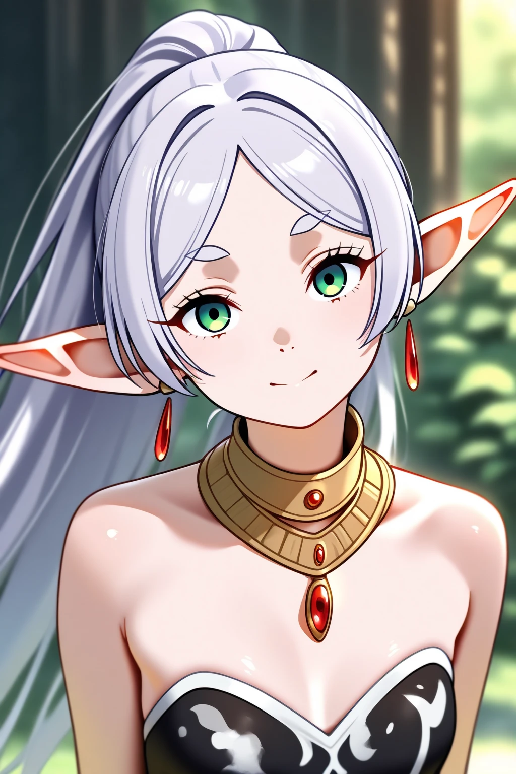 ((masterpiece)), (best quality), highres, ultra-detailed, absurdres,
 frieren, 1girl, red earrings, elf, long hair, pointy ears, solo, twintails, green eyes, earrings, white hair, looking at viewer, nude, bare shoulders, sexy, standing, upper body, big boobs, light smile, side boobs, perfect body, beautiful face, detailed face, beautiful eyes, detailed eyes, mage staff, bare nipples, visible nipples,