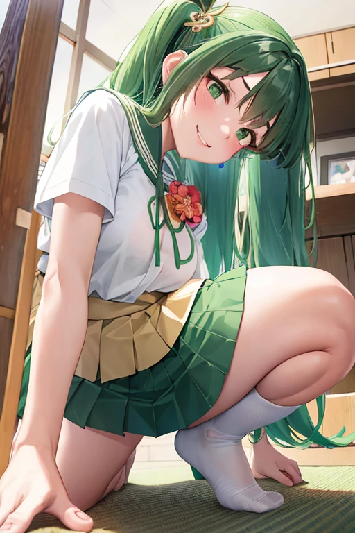 One girl, masterpiece, cute girl, looking back, white underwear, light green hair, long hair, school uniform, white shirt, green tartan check short skirt, white knee high socks, pussy juice, large breasts, detail, 4k, sexy, good pupil, 4k, detailed