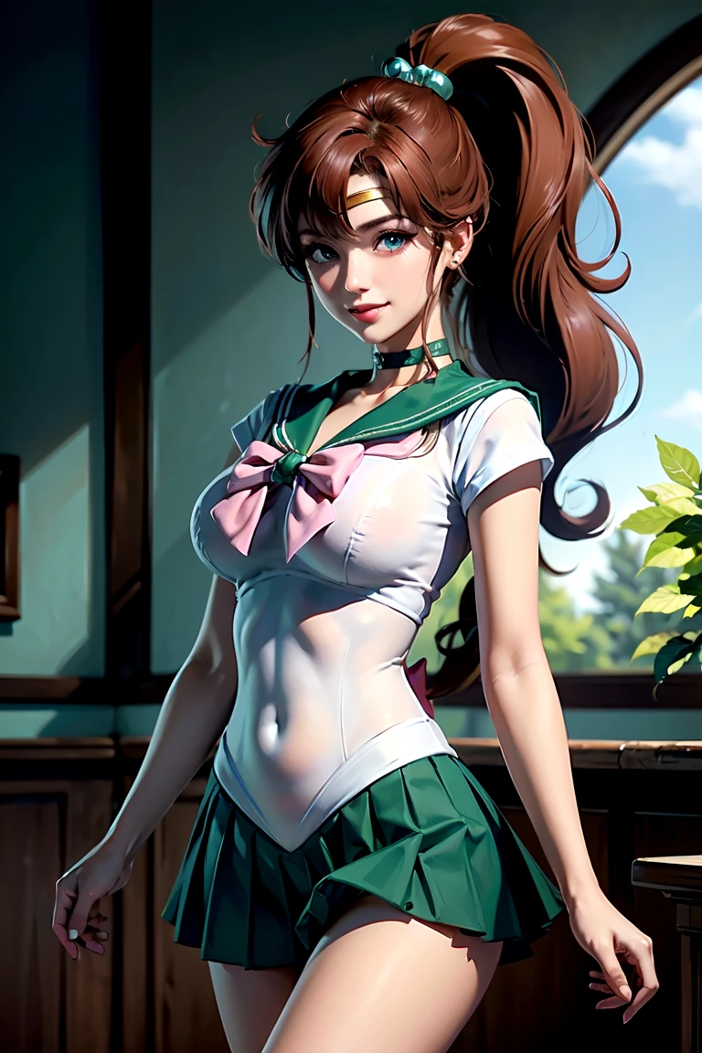 masterpiece, Highest quality, High resolution, Super detailed, smile, Woman with long red hair and bangs, ponytail,Bright Blue Eyes, Long eyelashes,eye shadow,Pale pink blush,Beautiful girl, Golden tiara on the forehead,choker,Sailor Warrior Uniforms,Green mini pleated skirt, Swimwear,Big Tits,(Open your legs and show them)