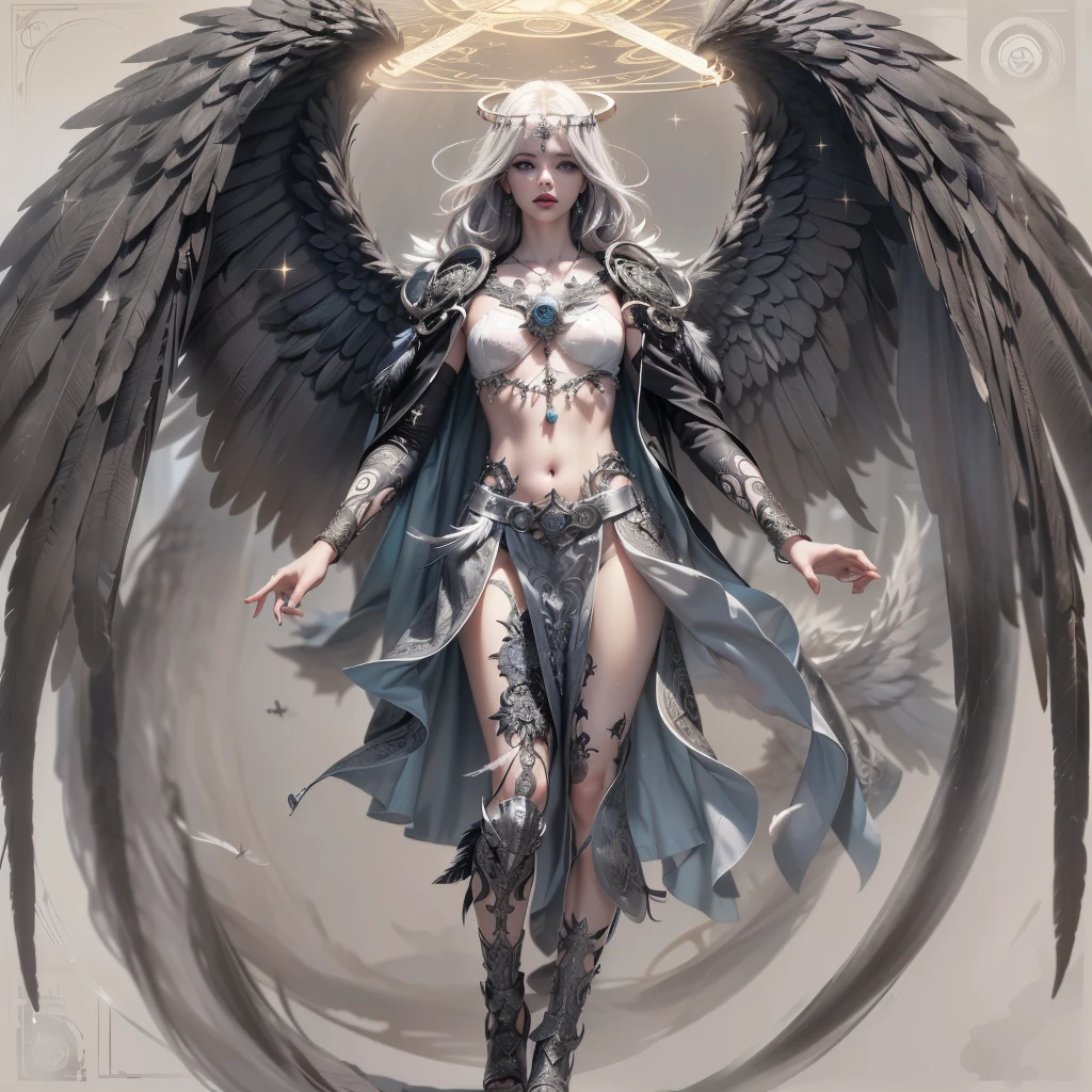 (white color concept:1.0),a girl like doll with angel wings, archdevil, nearly naked, thin body, skinny, small breasts, flat chest, (dynamic pose:1.2), thin body, tiny tits, from the navel up, from below, devil crown, dragon horn, looking down at camera, (no hands),(Highest quality authentic textured skin),(Fine, Round, Symmetrical eyes),Delicate facial features,(Burning bright and cold eyes), very slim and thin body, naked, nude, (She has a mischievous sadness on her face),metal earrings on the ears,A messy painting，(Hair flows in air:1.5),,(Surrounded by black feathers),Epic realism,Cinematic feeling,(high-density imaging review:1.5),Ultra detailed,Dramaticlight,(intricately details:1.1), complex background, fractal background,(fangs:1.2)