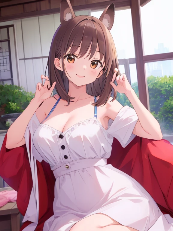 ((masutepiece, Best Quality, hight resolution, nffsw, Perfect Pixel, 4K, nffsw, nffsw))), 1girl in, Single, Solo, Beautie、full body seen、 ((Middle Wave Hair, Bangs, Brown hair)), ((Brown-eyed, Beautiful eyelashes, Realistic eyes)), ((Detailed face, Blushing:1.2)), ((Smooth texture:0.75, Realistic texture:0.65, Photorealistic:1.1, Anime CG style)), medium breasts, Dynamic Angle, Perfect body, (Santa Claus Costume、Red knitted hat、red and white off shoulder sweater、red and white flared skirt、Black stockings,、Christmas Party、(no-bra、See-through nipples)、、、during daytime、Emphasis on the chest、stick out buttocks、))、Very embarrassing panic smile、、