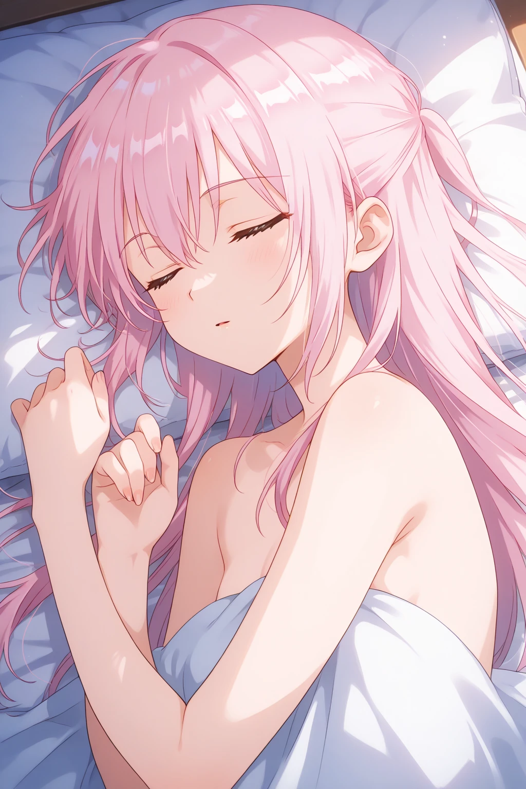 1girl in. Pink hair.Long hair.Twin-tailed.{Lori}.Short stature.tiny chest.white t-shirts.Skirt. (((masutepiece))).(((Best Quality))).)((Ultra-detailed))).(((Illustration))). (((lie on one's side))).(((Night view))).(((up chest))).((Closed.Eyes)).((blush)).((Opening Mouth)).(Sweat).