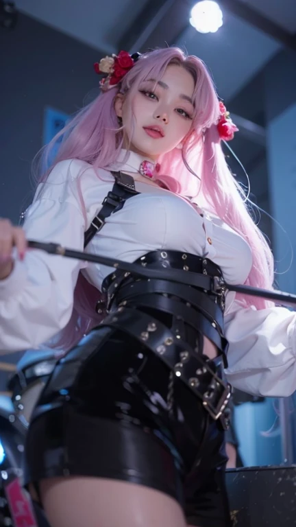 (8K, top-quality, masterpiece:1.2), (reallistic, Photorealsitic:1.37), Super Detail, One girl,), (Highly detailed), (beautifully detailed eyes), (of the highest quality), (super detailed ), (masterpiece), (Detailed face),20yr old, ,1 girl, ((pink hair,long hair)), medium breasts, clothed, Perfect Lighting, BREAK (dark color scheme:1.3), (shiny:1.5), (glossy:1.5), (bound heroine:1.4), (slave:1.3), (rope pattern:1.2), (chain design:1.2), (black:1.3), (navy:1,2), (royal purple:1.2), (satin:1.4), (leather:1.3), (vinyl:1.2), (velvet:1.2), (long robe:1.2), (bound sleeves:1.2), (high collar:1.2), (choker:1.3), (metal hardware:1.3), (bodycon:1.2), (tight skirt:1.2), (high heels:1.2), (thigh high boots:1.2), (metal chain:1.2), (metal ring:1.2), (bondage:1.2), (corset-free:1.3), BRAKE (upper body to thigh:1.2), (long pink hair:1.2), (wavy hair:1.2), (enticing expression:1.3), (partially open lips:1.2), (downcast gaze:1.2), (twisted pose:1.2), (hand on hair:1.2), (hand on hip:1.2), (emphasize chest:1.2), (dark gradient background:1.3), (blurred rope and chain pattern:1.2), (dramatic lighting:1.3), BRAKE