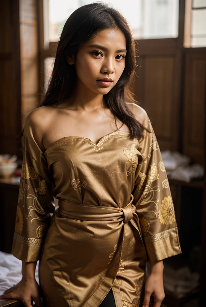 (highres:1.4), (best quality:1.2), (masterpiece:1.2), beautiful detailed eyes, extremely detailed face and features, (photorealistic:1.4), 1girl in full body, dressed in traditional Japanese clothes, enchanting yellow eyes, soft light illuminating her face, room lighting creating a warm ambiance, with a wardrobe in the background