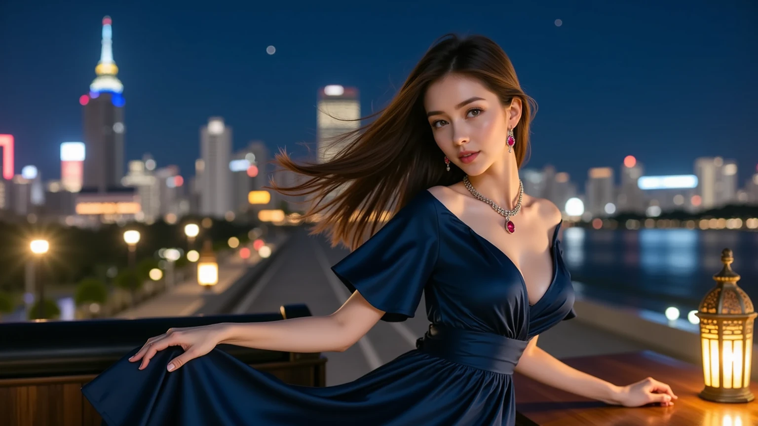 good anatomy, masterpiece, best quality, quality, 1 oriental girl, from the top of a building, blue glass, star room, looking out of a dark blue glass window, looking at the city, she has NECKLACE skin, 2, long hair, beautiful clothes, dark purple, side pose, full body, long hair, in the background the largest buildings in Shanghai, colorful, tall, imposing, realistic, ((evening))
