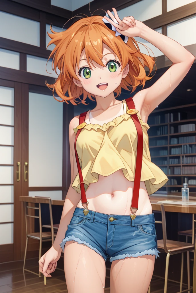 1girl,yellow bra ,yellow panties,classroom, solo, hoshizora rin, navel, short hair, day, smile, looking at viewer, orange hair, green eyes, blush,arms behind back,closed mouth,pussy,small breast