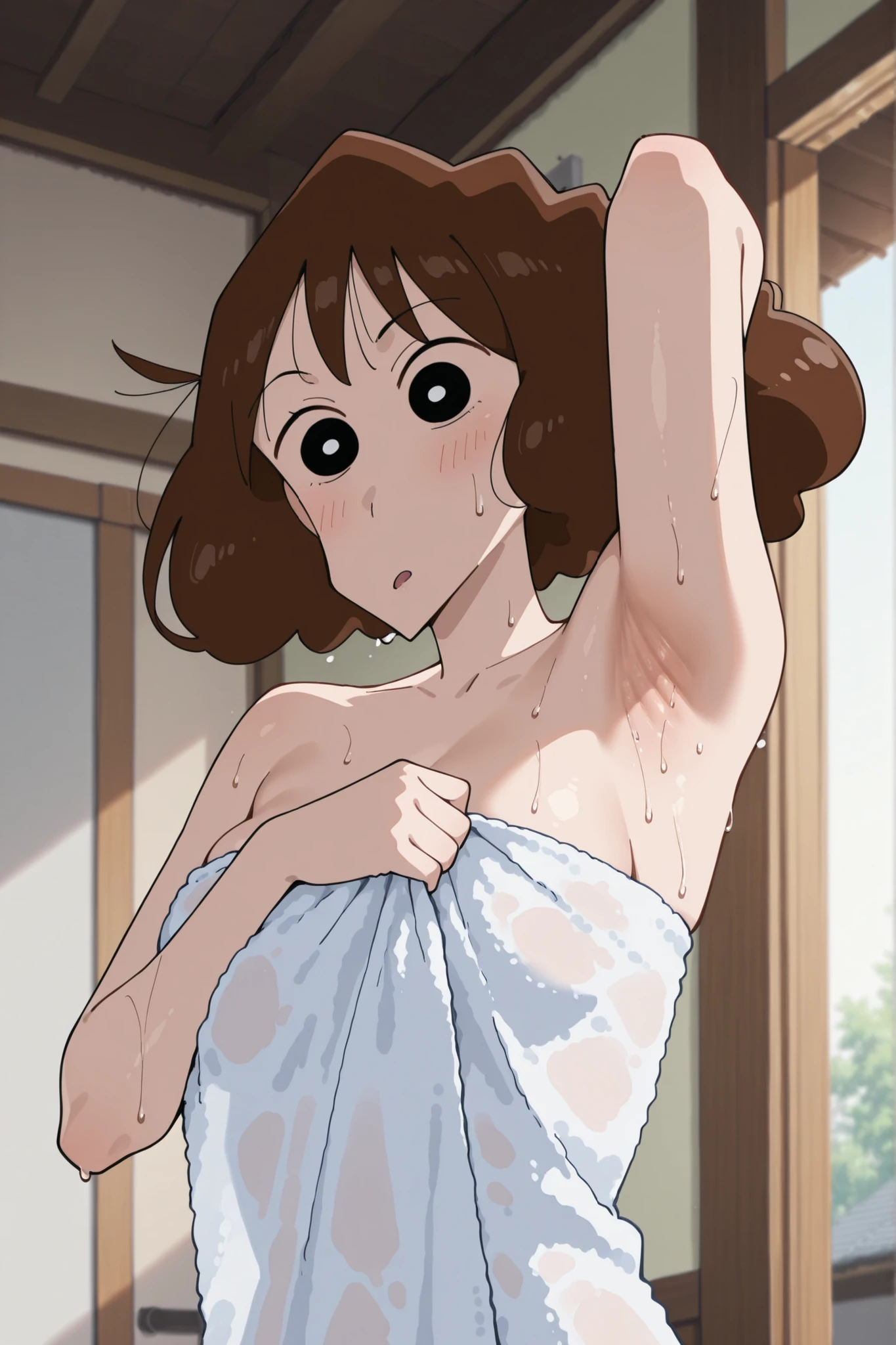 lora: misae nohara dark brown hair black eyes in towel only armpit focus on armpit gentle sunlight Japanese home environment (Sweat all over the body)