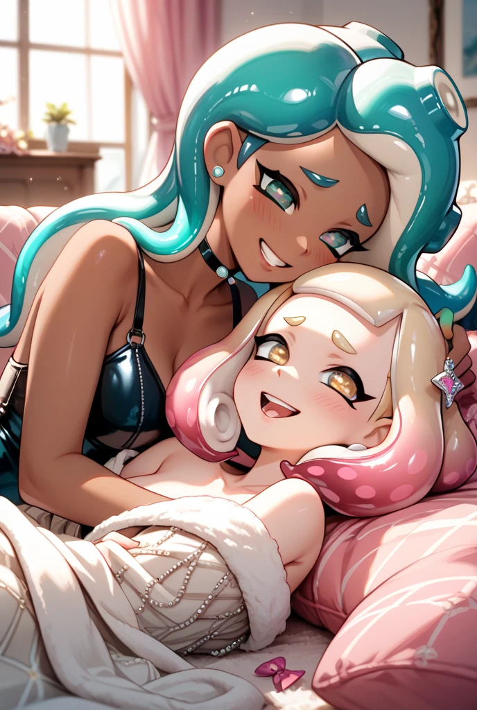  Alicorn princess female and Adagio Dazzle  , white mane, ,black body color  long flowing  mane pink  eyes anthro  kissing , lesbians   beach bikini,laying on towel ,cuddle futa hard 