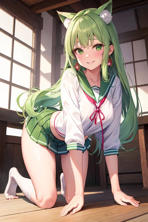1girl,beautiful,badminton player,badminton uniform,blush,flat chest,photo collection,(beautiful illustration:1.3),(clothes lift, breasts outside, nipples:1.1),small areolae,(pussy:1.2),(panty pull:1.2),,white_skin,,round face,cowboy_shot,garland,vivid color illustration,surprised,open mouth,big eyes,schoolyard,school building,green hair,front ponytail,very long hair,