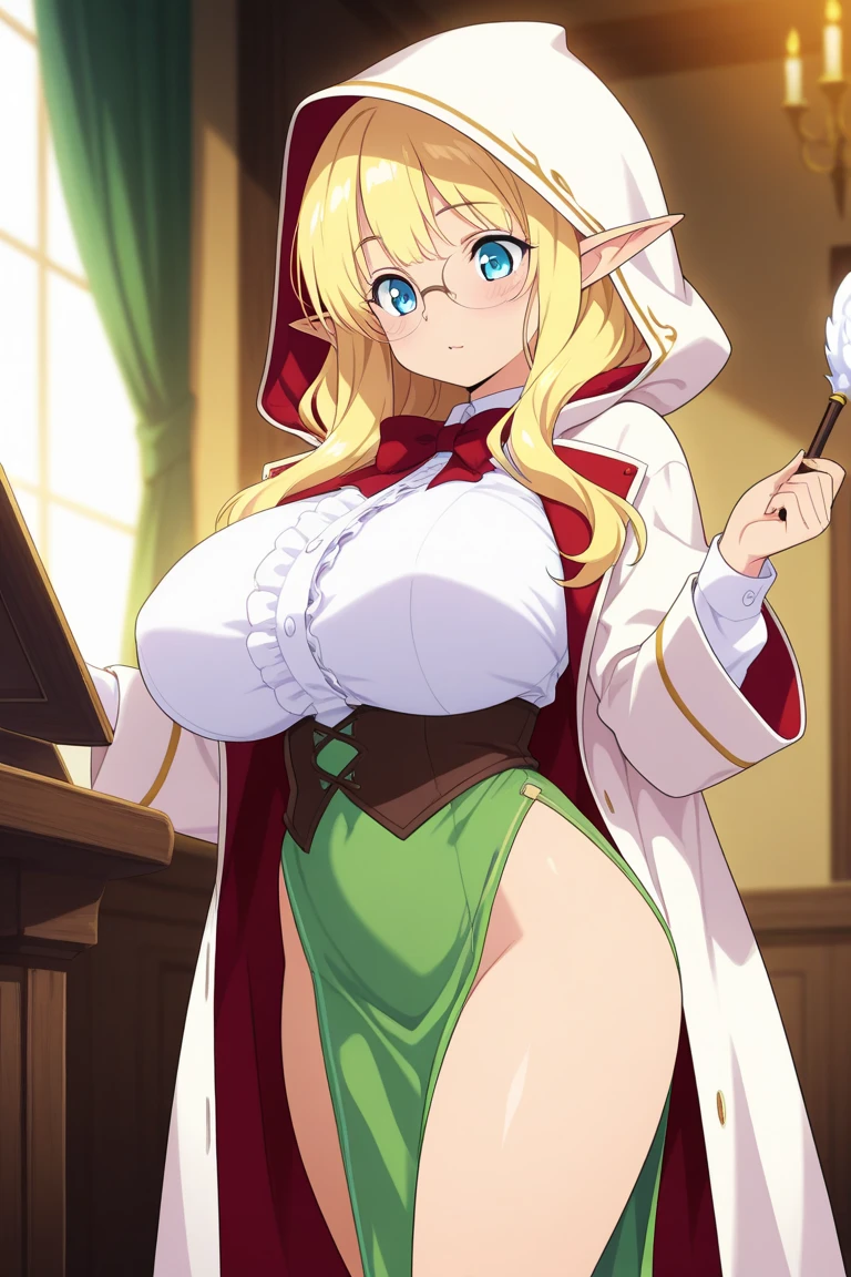 (masterpiece, best quality:1.2), 1girl, solo ,Isabella,huge breasts,pointy ears,green eyes,blonde hair,mole,mole under eye, slim waist, nurses outfit, full body,