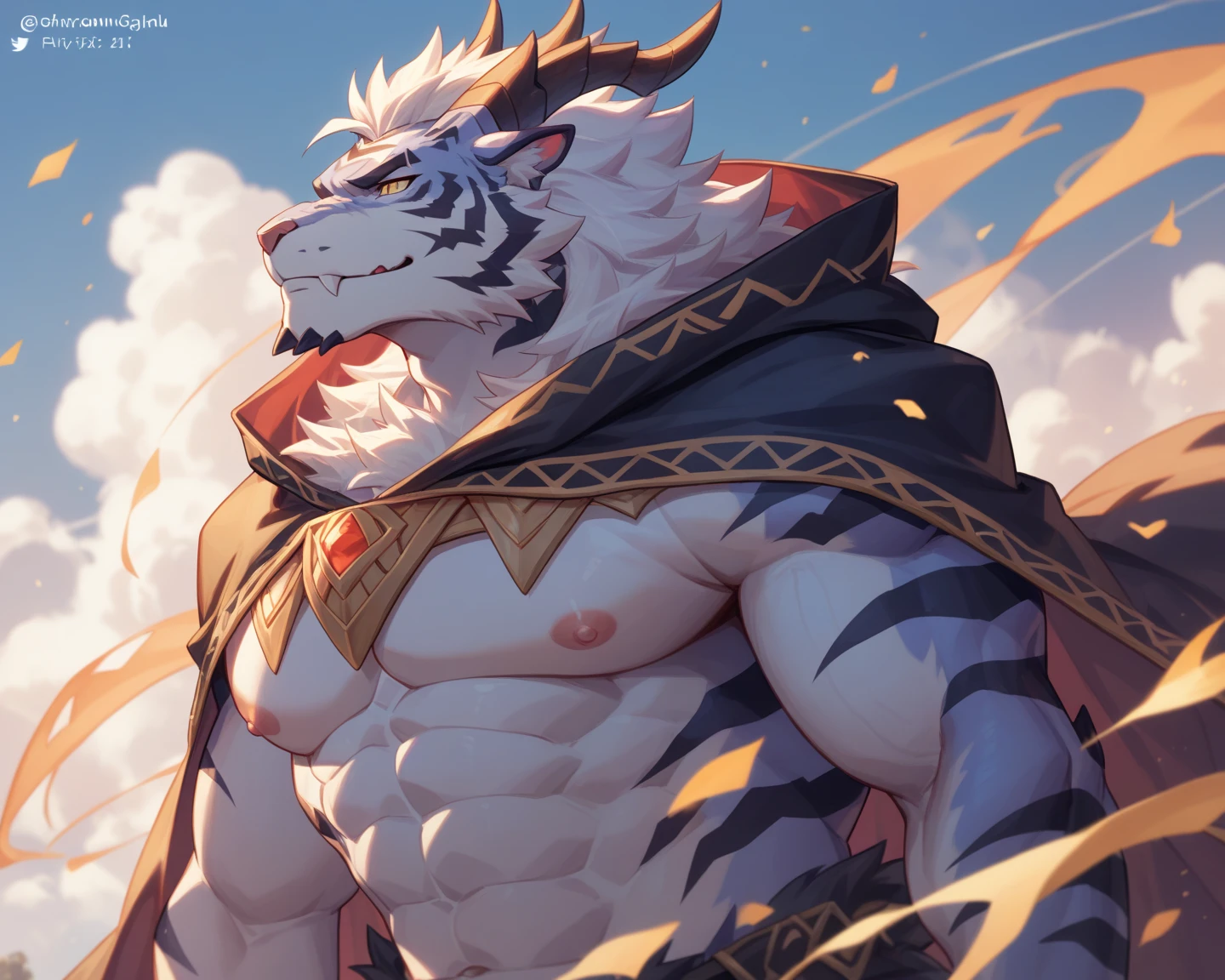 Solo, Anthro, male (((solgaleo, lion, blue sclera, muscular, big pecs, abs, yellow nipples, white fur, black body, black nose, multicolored body, multicolored fur, multicolored mane, white mane, mane, grey pecs, black chest, black abdomen, white arms, white legs, 5 fingers, tail, white tail, yellow tipped tail, markings, orange tipped mane, orange speedo, big bulge))) standing, pokemorph, biped ((focus grey abdomen, focus solgaleo, focus grey chest)) full body, perfect anatomy, by darkgem, by mystikfox61, by glitter trap boy
