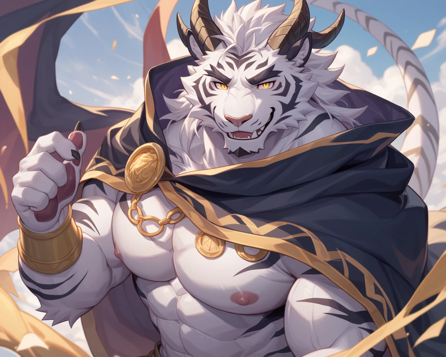Angel， dynamic poses, dynamic angle, paradise scene, , (super detailed), sharp focus, 面部close up，Tiger兽人, light stripes,golden eyes, white mane, white fur, White beard, human nature (Tiger), male, middle aged, Shallow body, white belly, muscular, super detailed face, (delicate eyes), Aperture above the head，White wings，Angel形象，motion blur, (best quality), (masterpiece), high detail, high quality, Award-winning, high resolution, HD, 16k, Yes, (close up:1.5)