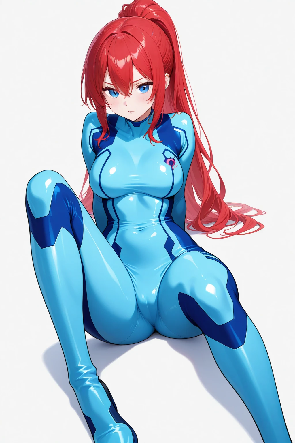 A pale redhead girl with freckles and blue eyes, long legs and perky breasts. wearing reverse bunnysuit