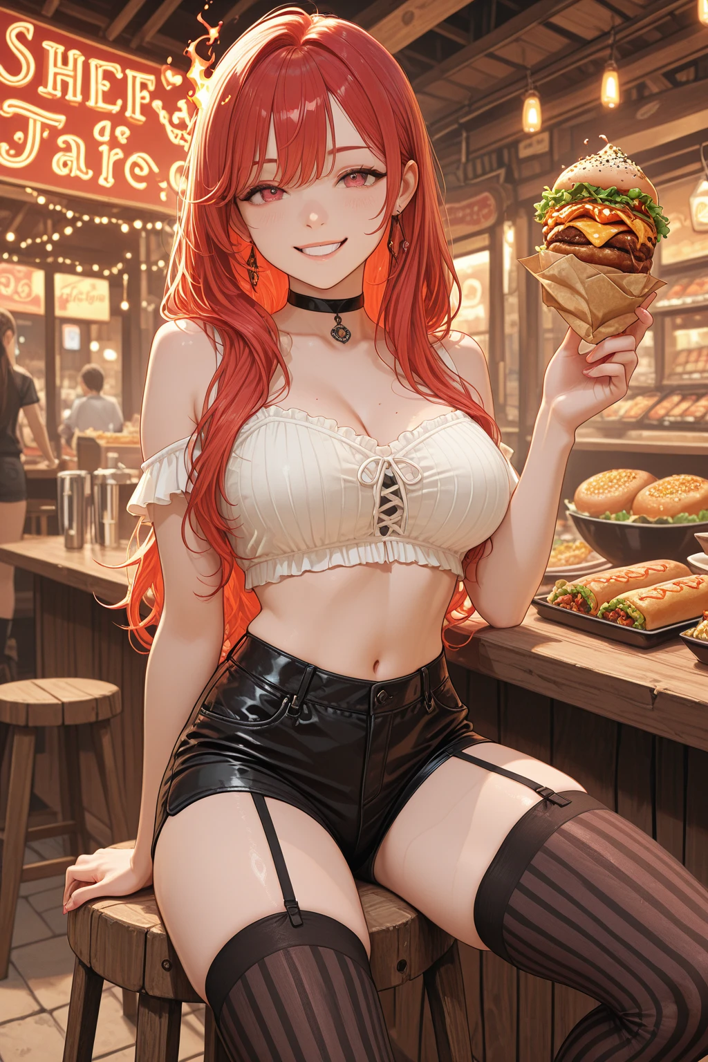 Young beautiful woman,(Highest quality,Extremely detailed depiction,Incredibly absurd high resolution,Anatomically accurate depiction,Curvy Legs,SFW),(Glowing Skin,Shiny skin),セクシーなBurger Shopの店員,Burger Shopの制服,Burger Shopの帽子,Burger Shopで接客中,paper bag,There is cleavage in the chest,smile,background:Burger Shop