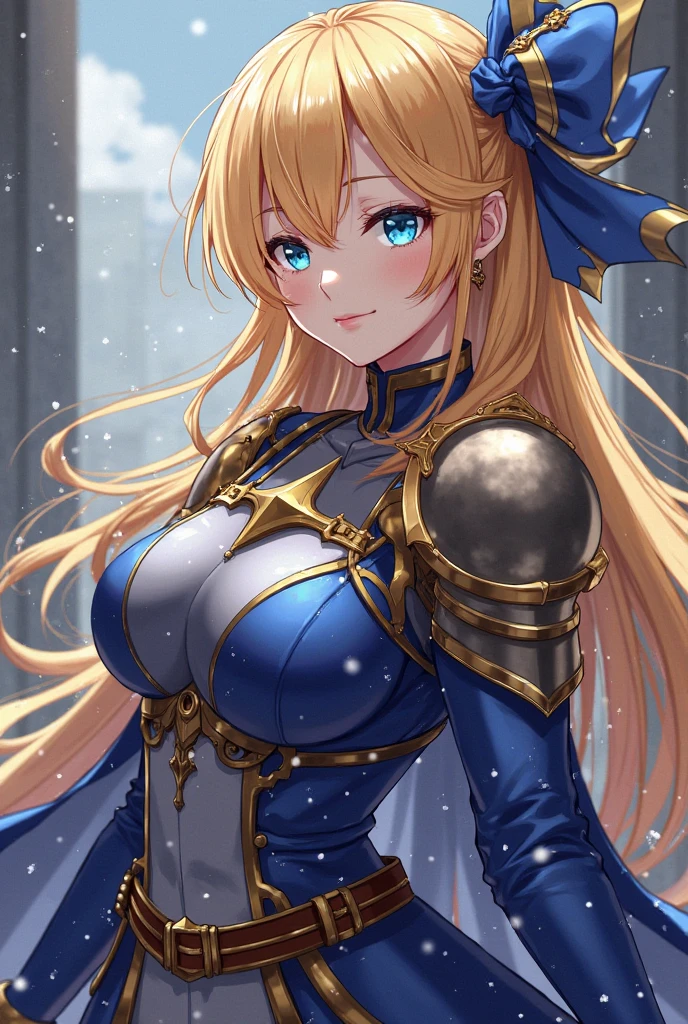 masterpiece, best quality, 1girl, breasts, solo, blonde-hair, blue-eyes, pelvic-curtain, navel, armor, large-breasts, ponytail, cape, cleavage, gloves, weapon, looking-at-viewer, smile, boots, fingerless-gloves, full-body, very-long-hair, standing, revealing-clothes, bikini-armor, black-gloves, fur-trim, simple-background, thighhighs, stomach, hand-on-hip, gauntlets, shoulder-armor, hair-bow, closed-mouth, bow, high-heels, midriff, armored-boots, hand-up, thigh-boots, thighs, ribbon, hair-between-eyes, v-shaped-eyebrows, blush, hair-ribbon, sheath