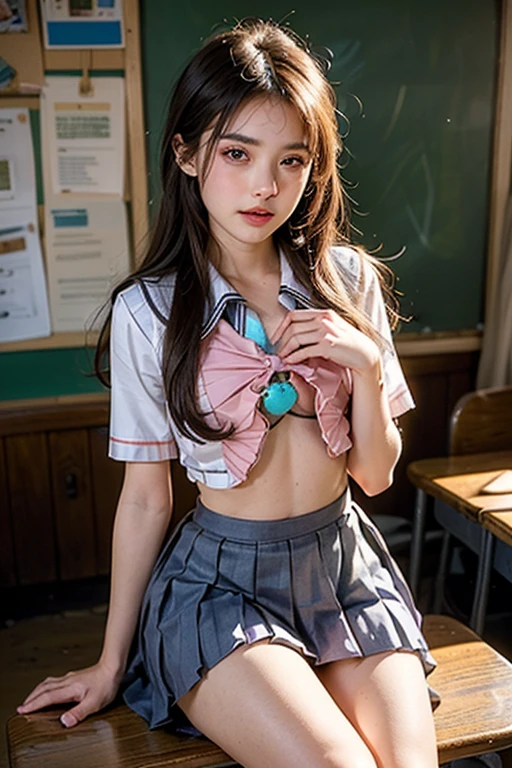 masterpiece, highest quality: 1.2), surrealist high school girl, alone, 1 girl, (shiny skin, wet skin: 1.2), pink lingerie, sweating, slight smile, looking at the audience, school uniform, white shirt, plaid skirt, thighs, classroom , real photo style,