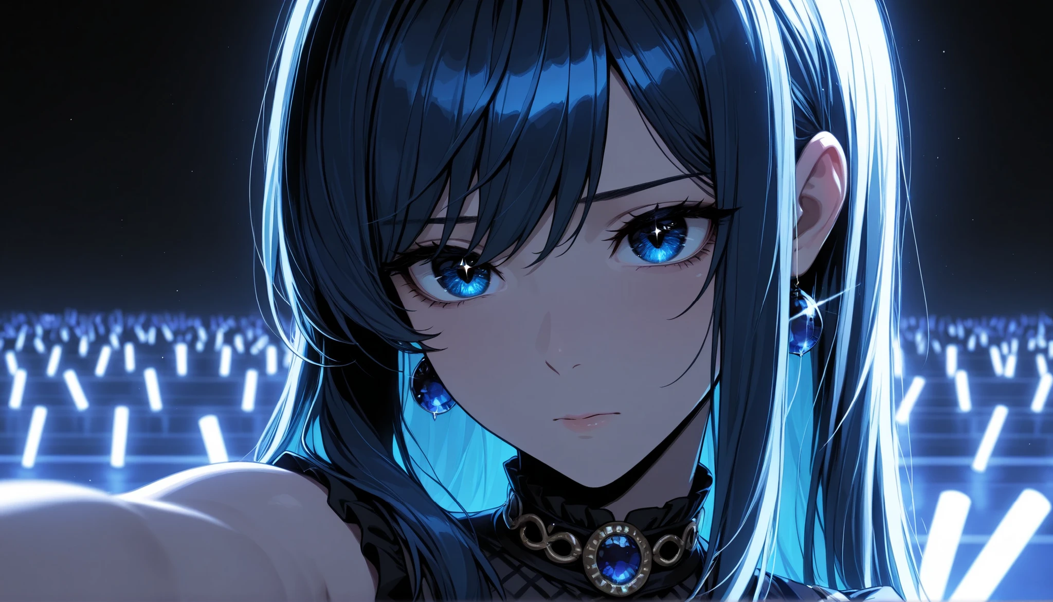 top quality, 8K, 4K, high resolution, high contrast,Japanese idol standing on an outdoor stage, I'm wearing a dark blue jewel, short skirt, quiet night,1girl, An adult woman with a sad expression, close-up, navy straight hair, Sparkling Blue Eyes, Surrounding people are shining