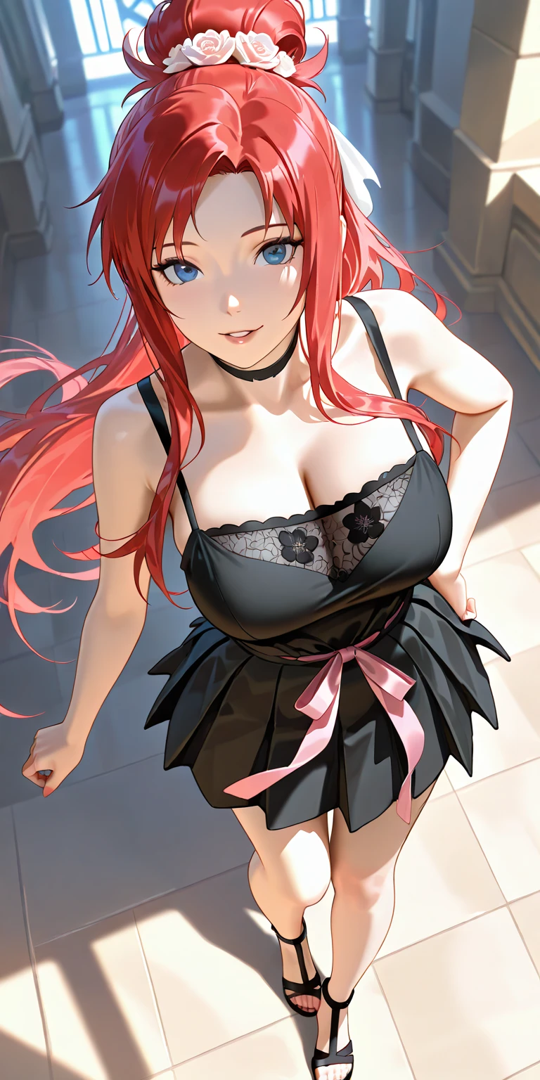 An anime girl with red hair and blue eyes wearing a skirt and an open shirt revealing a black and red lace bra